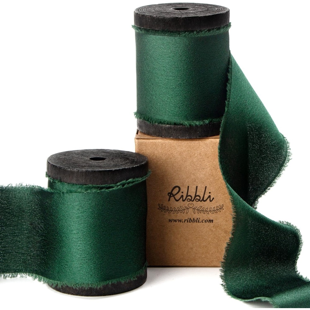 Ribbli Ivory Silk Satin Ribbon 1.5 Inch x 12 Yard Handmade Frayed Chiffon Ribbon with Wooden Spool for Gift Wrapping, Wedding Invitations, Bridal Bouquets, Home Decor(Forest Green)