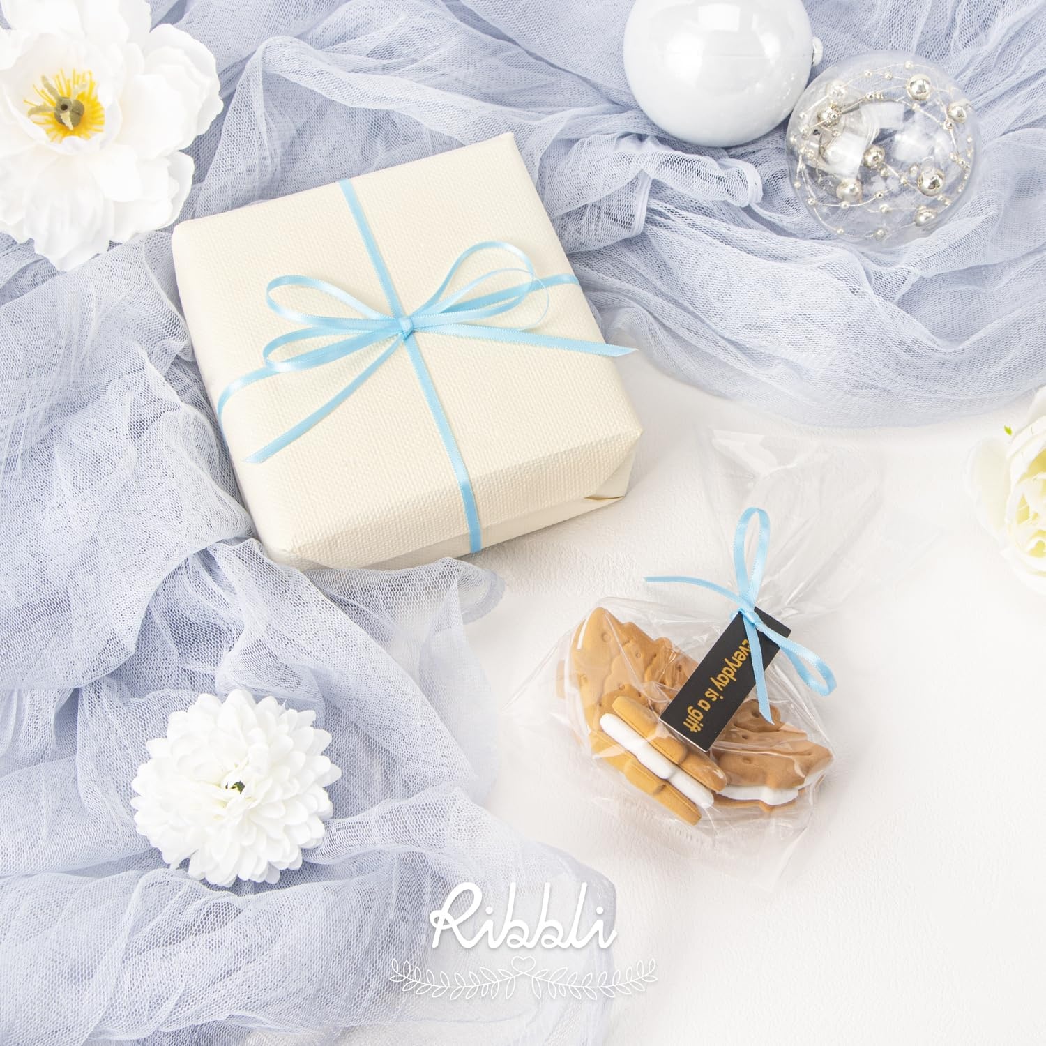 Ribbli Champagne Gold Satin Ribbon 1/8 inch x Continuous 100 Yards, Thin Champagne Ribbon Double Faced Use for Wedding Invitation Card, Gift Wrapping, Christmas Ornaments,Tag Decoration(Blue Light)