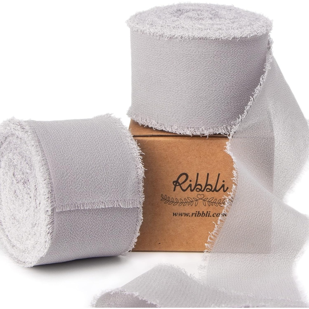 Ribbli Antique Mauve Chiffon Ribbon 1-1/2 inch x 20 Yard Handmade Fringe Chiffon Silk Ribbon,Black Ribbon for Wedding Invitations, Bridal Bouquets Wrapping, Flower Arrangement Decoration(Lt.Grey)