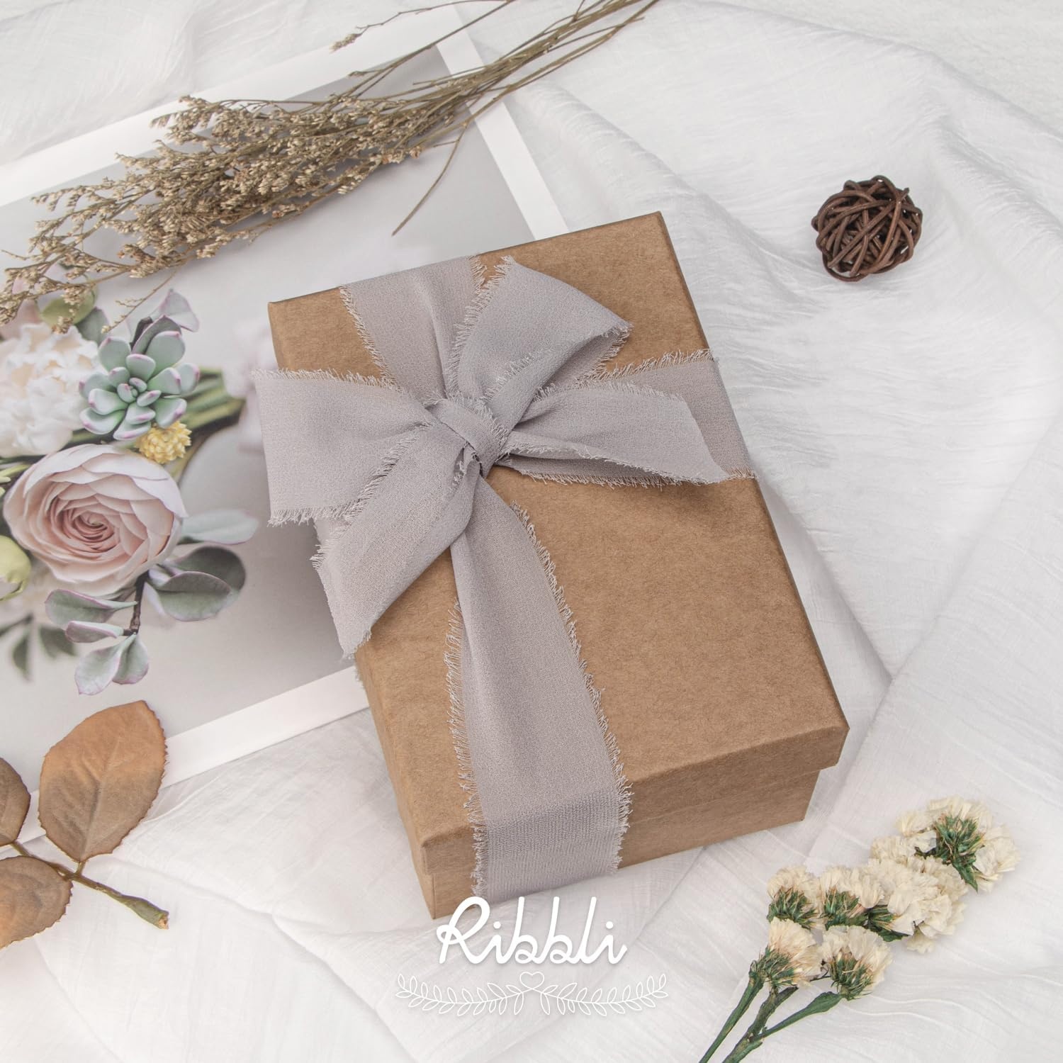 Ribbli Antique Mauve Chiffon Ribbon 1-1/2 inch x 20 Yard Handmade Fringe Chiffon Silk Ribbon,Black Ribbon for Wedding Invitations, Bridal Bouquets Wrapping, Flower Arrangement Decoration(Lt.Grey)
