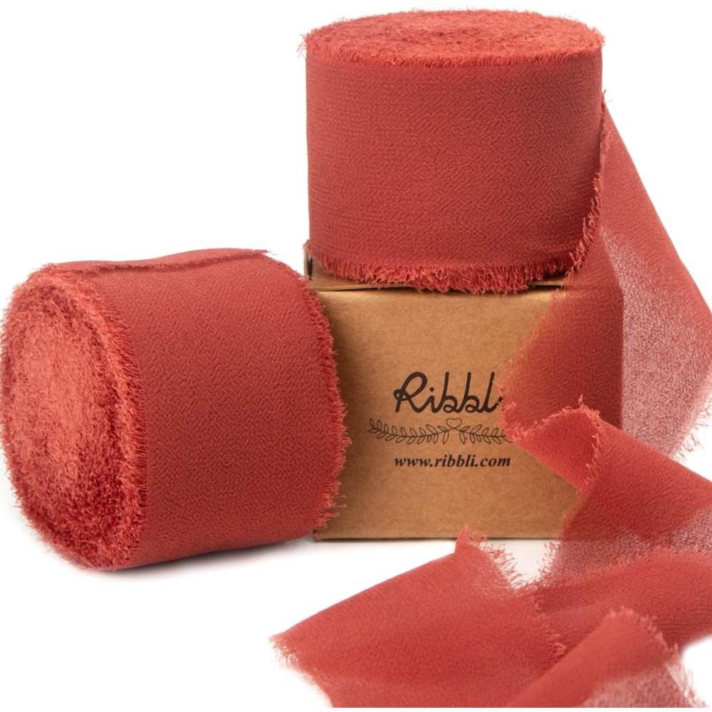 Ribbli Antique Mauve Chiffon Ribbon 1-1/2 inch x 20 Yard Handmade Fringe Chiffon Silk Ribbon,Black Ribbon for Wedding Invitations, Bridal Bouquets Wrapping, Flower Arrangement Decoration(Rust Red)