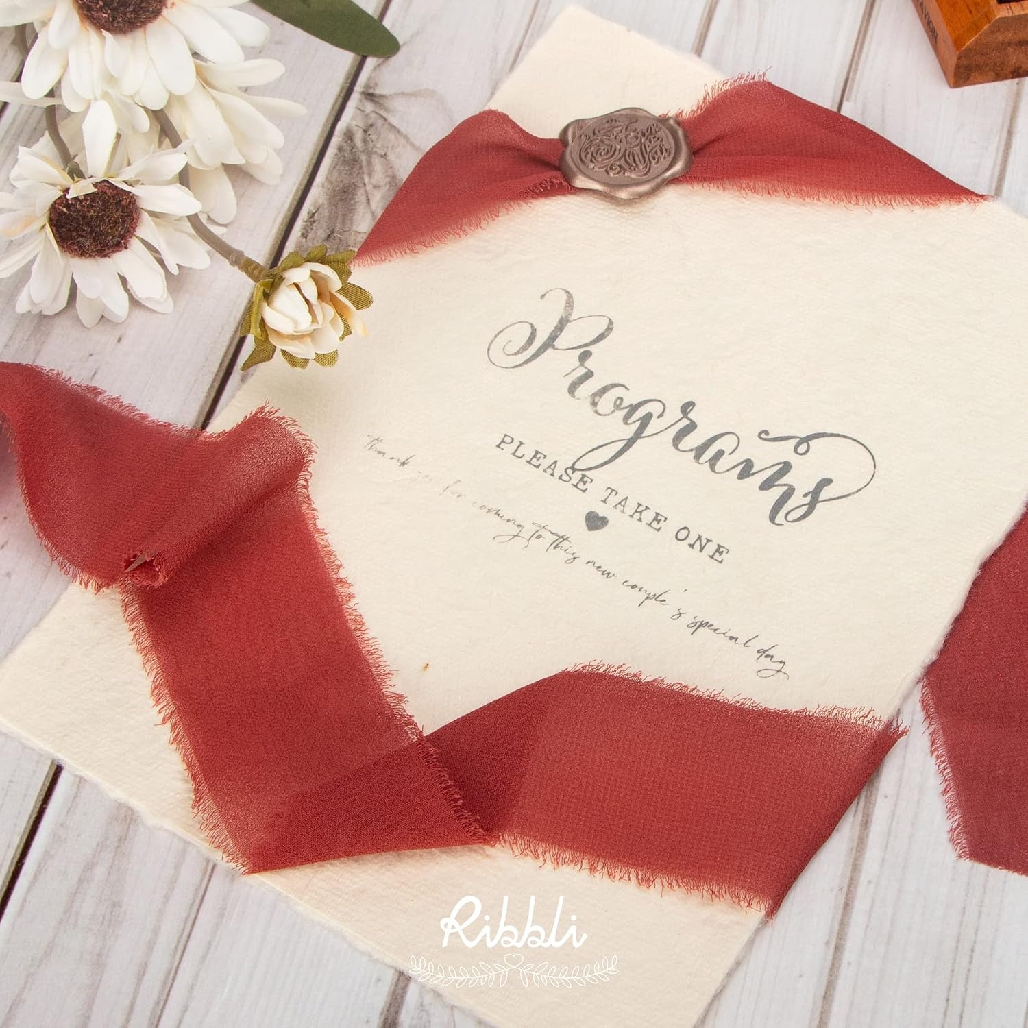 Ribbli Antique Mauve Chiffon Ribbon 1-1/2 inch x 20 Yard Handmade Fringe Chiffon Silk Ribbon,Black Ribbon for Wedding Invitations, Bridal Bouquets Wrapping, Flower Arrangement Decoration(Rust Red)