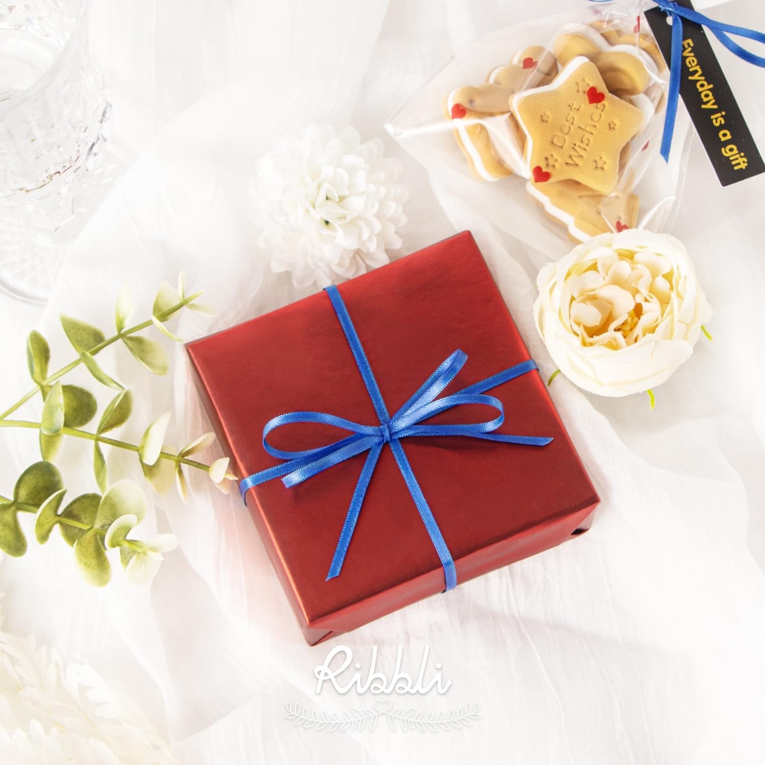 Ribbli Champagne Gold Satin Ribbon 1/8 inch x Continuous 100 Yards, Thin Champagne Ribbon Double Faced Use for Wedding Invitation Card, Gift Wrapping, Christmas Ornaments,Tag Decoration(Blue Royal)