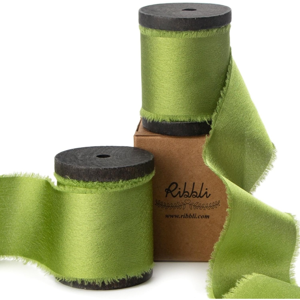 Ribbli Ivory Silk Satin Ribbon 1.5 Inch x 12 Yard Handmade Frayed Chiffon Ribbon with Wooden Spool for Gift Wrapping, Wedding Invitations, Bridal Bouquets, Home Decor(Avocado Green)
