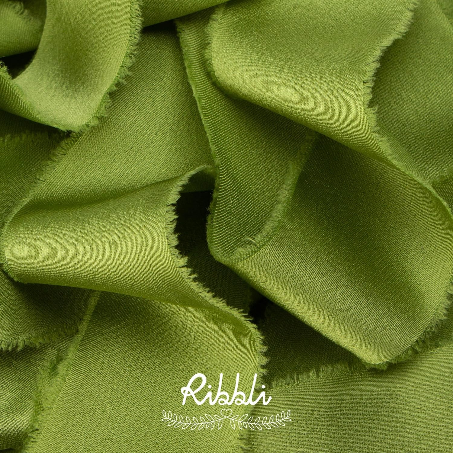 Ribbli Ivory Silk Satin Ribbon 1.5 Inch x 12 Yard Handmade Frayed Chiffon Ribbon with Wooden Spool for Gift Wrapping, Wedding Invitations, Bridal Bouquets, Home Decor(Avocado Green)