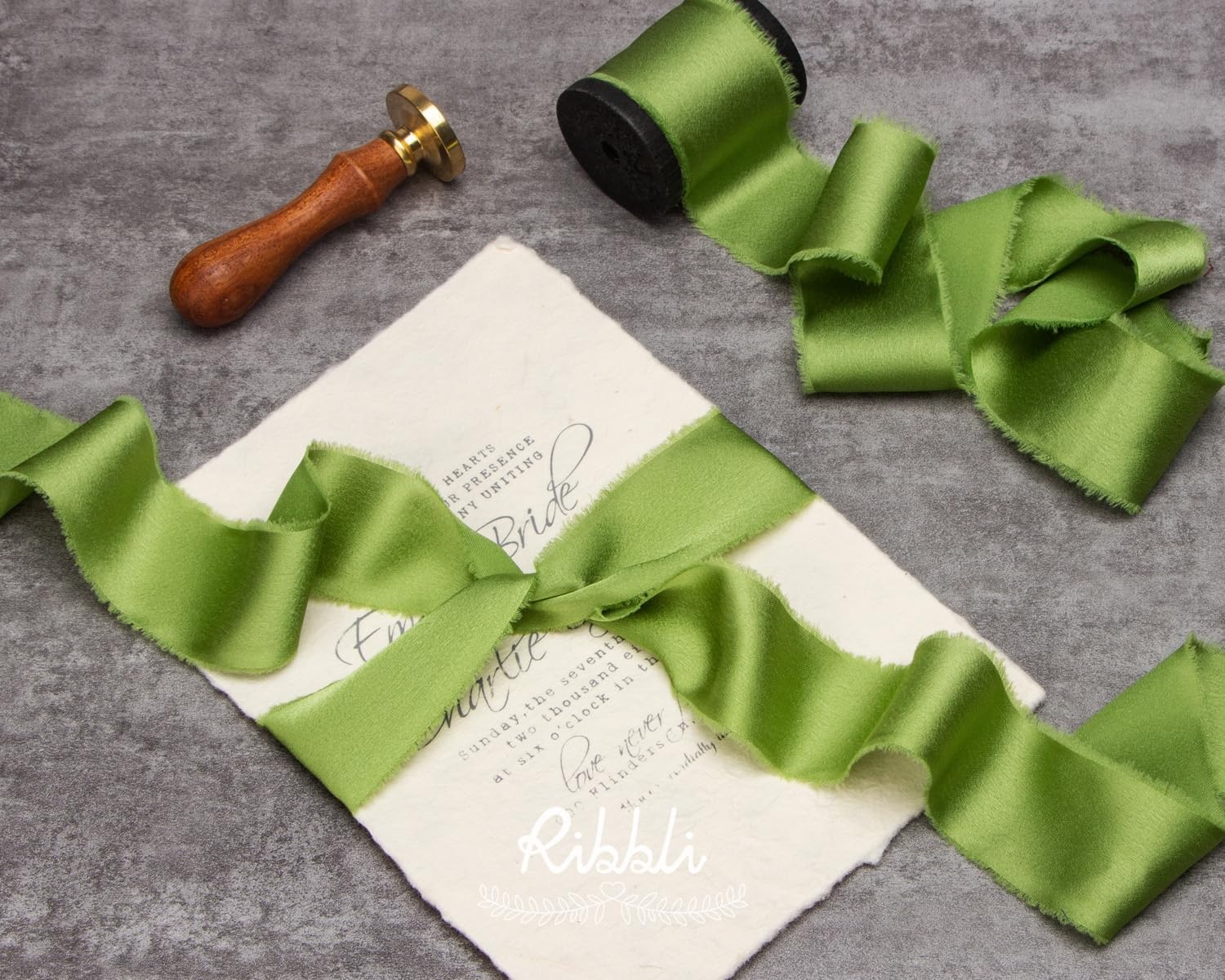Ribbli Ivory Silk Satin Ribbon 1.5 Inch x 12 Yard Handmade Frayed Chiffon Ribbon with Wooden Spool for Gift Wrapping, Wedding Invitations, Bridal Bouquets, Home Decor(Avocado Green)