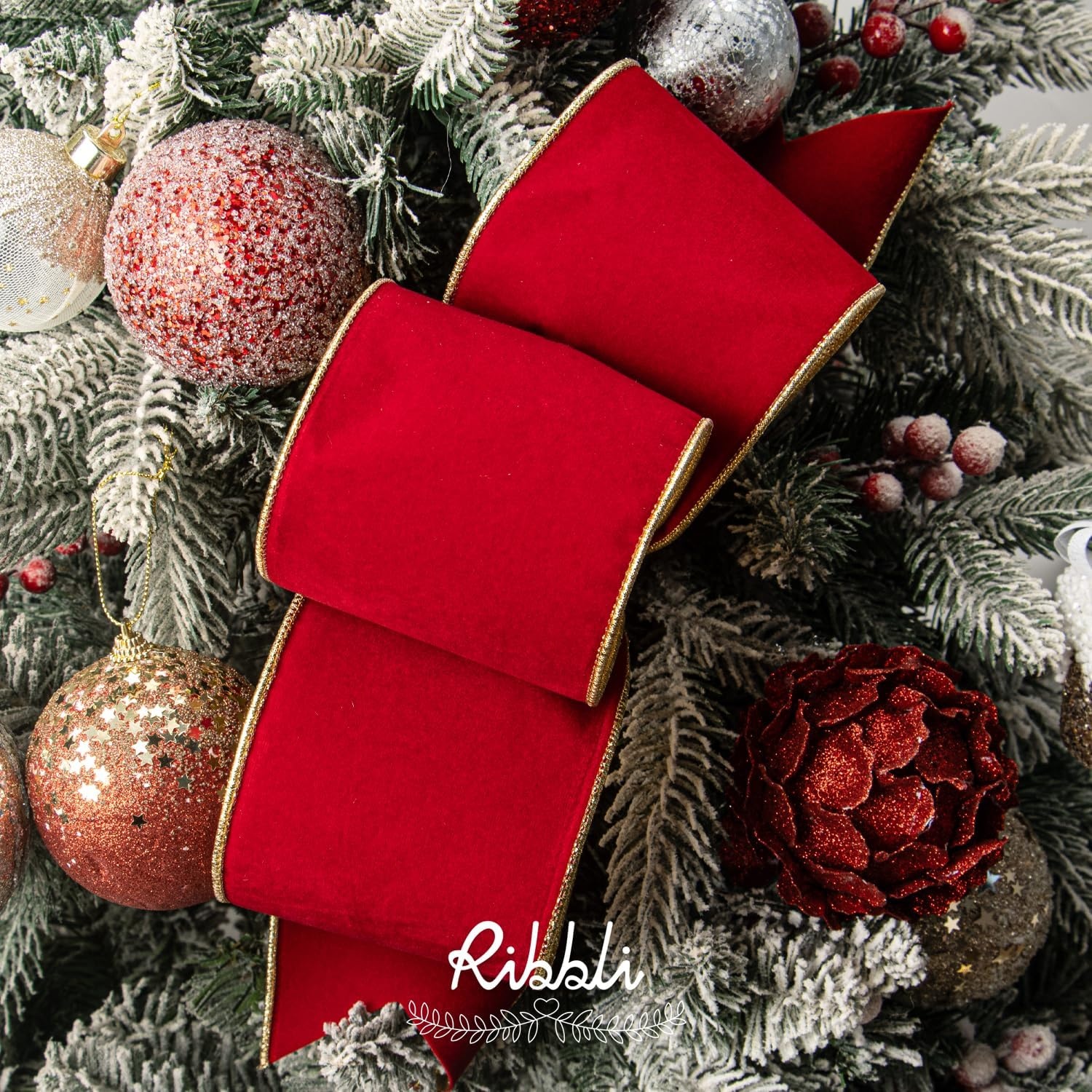 Ribbli Royal Blue Velvet Wired Ribbon 4 Inch Luxury Matte Velvet Christmas Ribbon for Gift Wrapping Christmas Tree Decoration Crafts Wreaths Supplies – 10 Yards(Red)