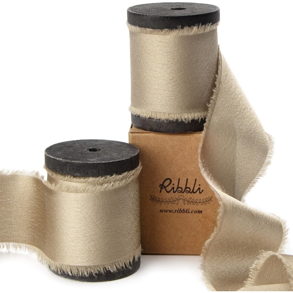 Ribbli Ivory Silk Satin Ribbon 1.5 Inch x 12 Yard Handmade Frayed Chiffon Ribbon with Wooden Spool for Gift Wrapping, Wedding Invitations, Bridal Bouquets, Home Decor(Champagne Gold)