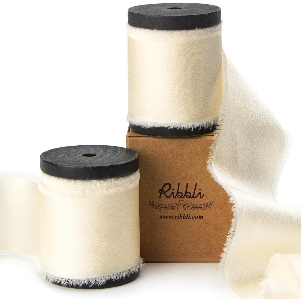 Ribbli Ivory Silk Satin Ribbon 1.5 Inch x 12 Yard Handmade Frayed Chiffon Ribbon with Wooden Spool for Gift Wrapping, Wedding Invitations, Bridal Bouquets, Home Decor(Ivory)