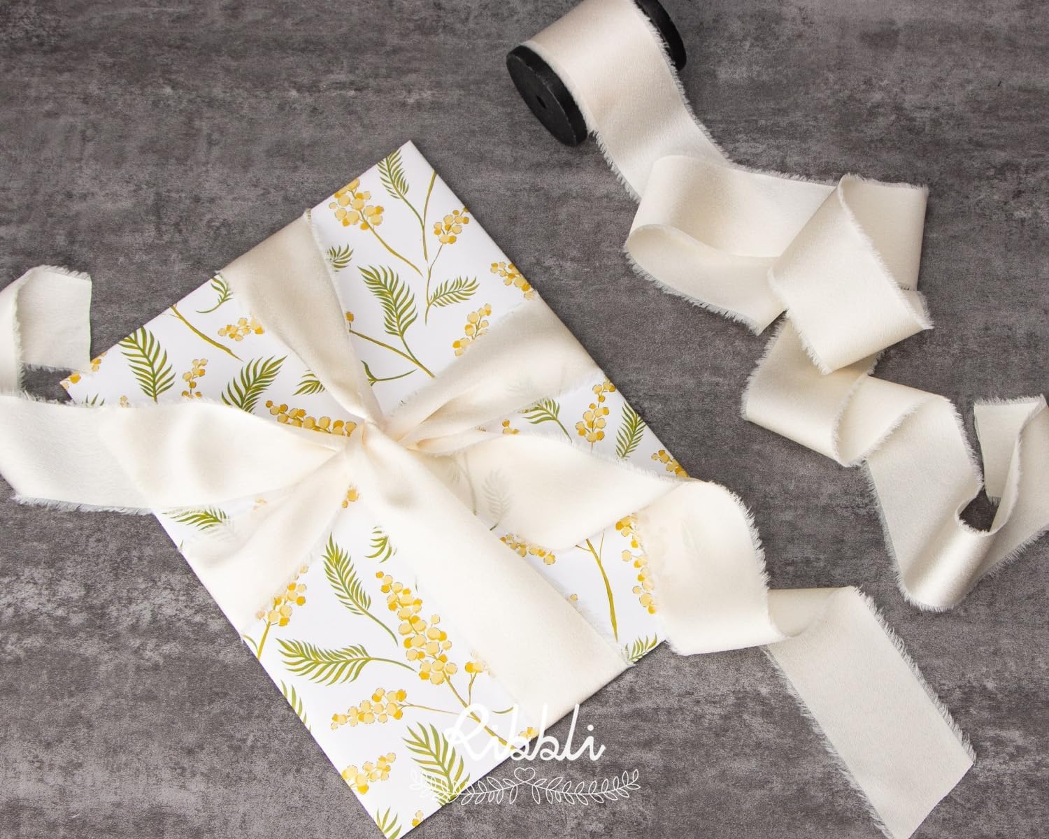 Ribbli Ivory Silk Satin Ribbon 1.5 Inch x 12 Yard Handmade Frayed Chiffon Ribbon with Wooden Spool for Gift Wrapping, Wedding Invitations, Bridal Bouquets, Home Decor(Ivory)