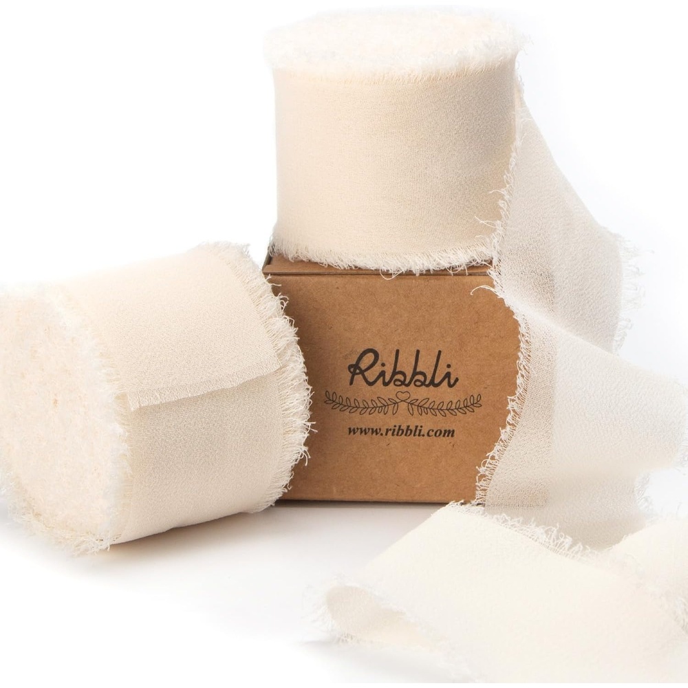 Ribbli Antique Mauve Chiffon Ribbon 1-1/2 inch x 20 Yard Handmade Fringe Chiffon Silk Ribbon,Black Ribbon for Wedding Invitations, Bridal Bouquets Wrapping, Flower Arrangement Decoration(Vanialla Cream)