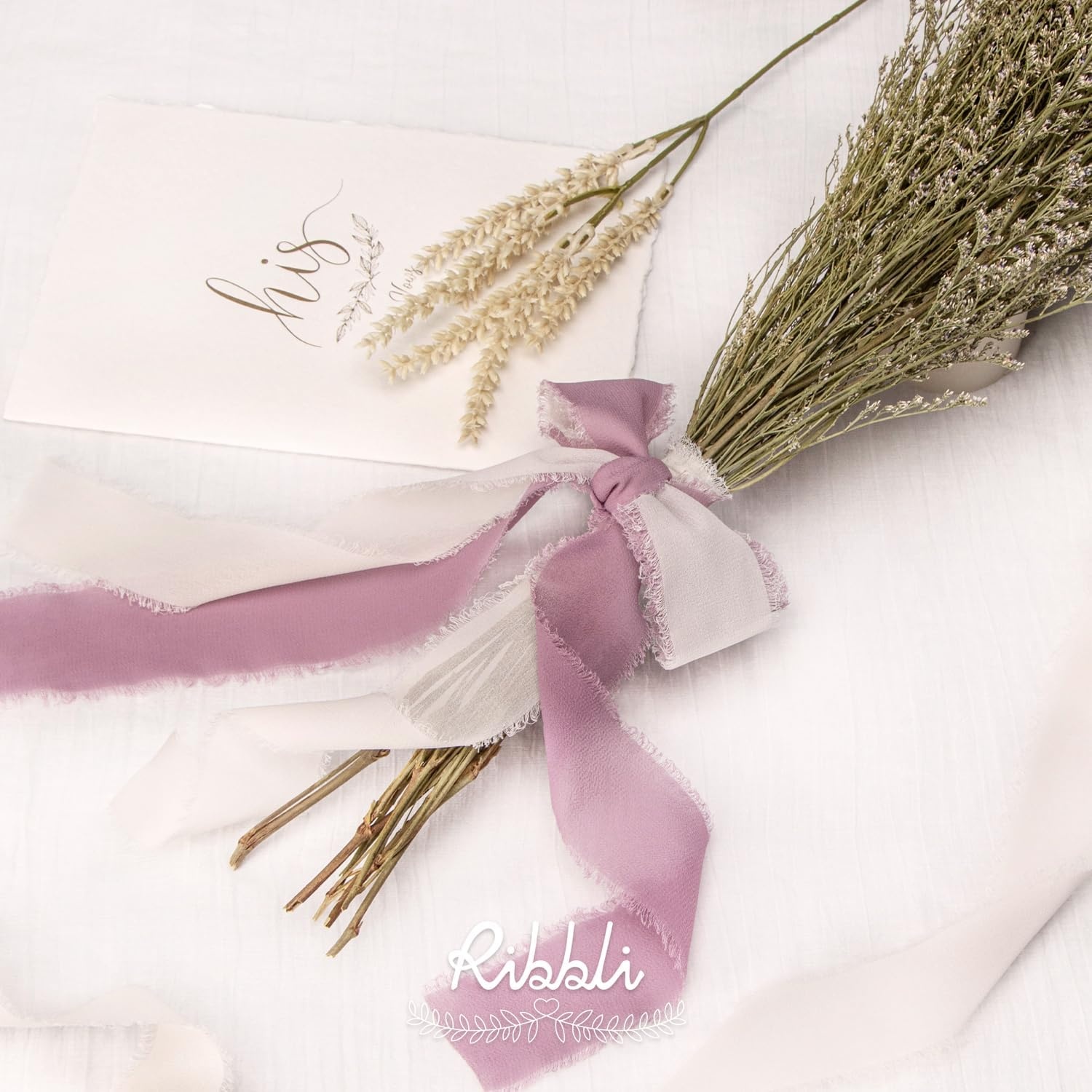 Ribbli Antique Mauve Chiffon Ribbon 1-1/2 inch x 20 Yard Handmade Fringe Chiffon Silk Ribbon,Black Ribbon for Wedding Invitations, Bridal Bouquets Wrapping, Flower Arrangement Decoration(Vanialla Cream)