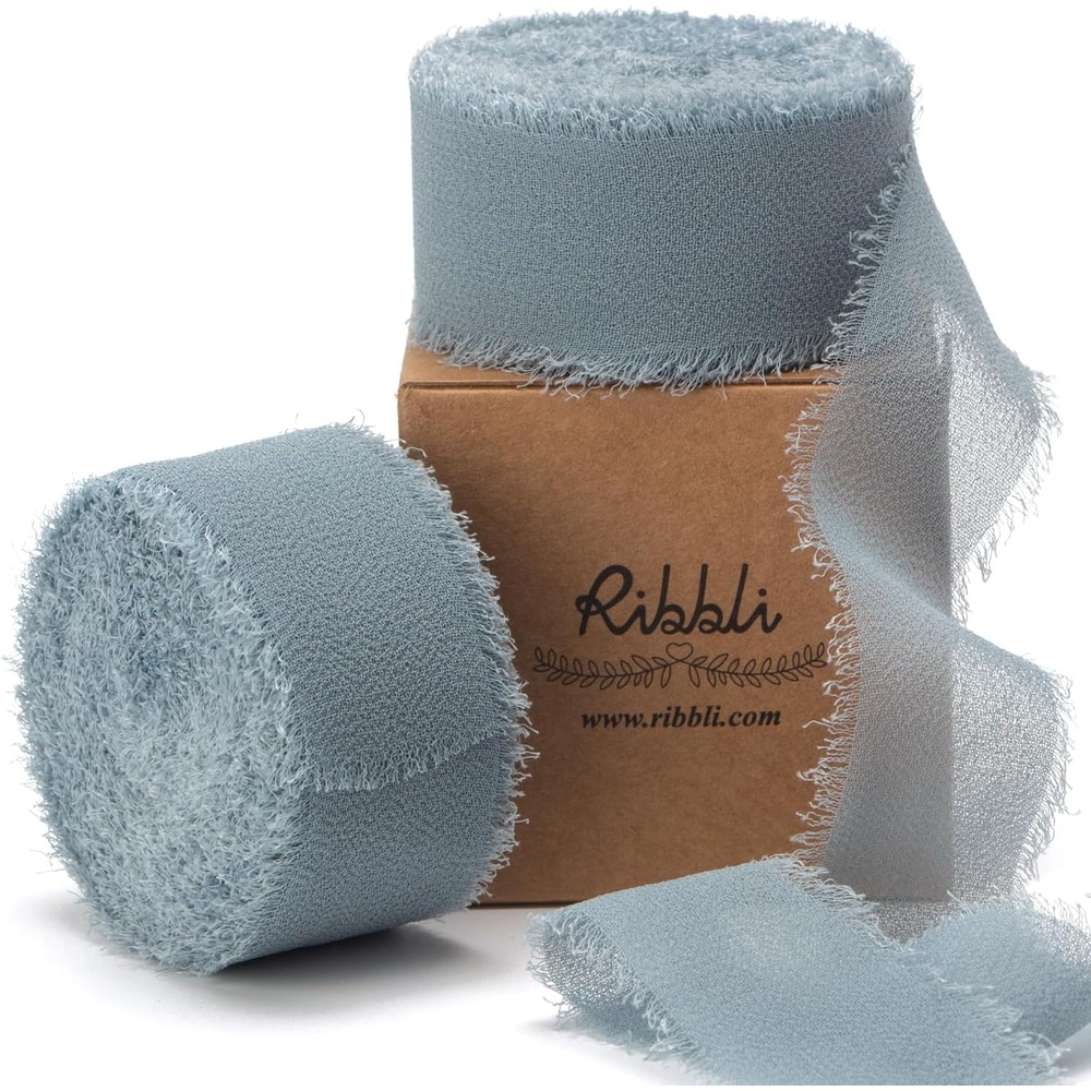 Ribbli Antique Mauve Chiffon Ribbon 1-1/2 inch x 20 Yard Handmade Fringe Chiffon Silk Ribbon,Black Ribbon for Wedding Invitations, Bridal Bouquets Wrapping, Flower Arrangement Decoration(Slate Blue)