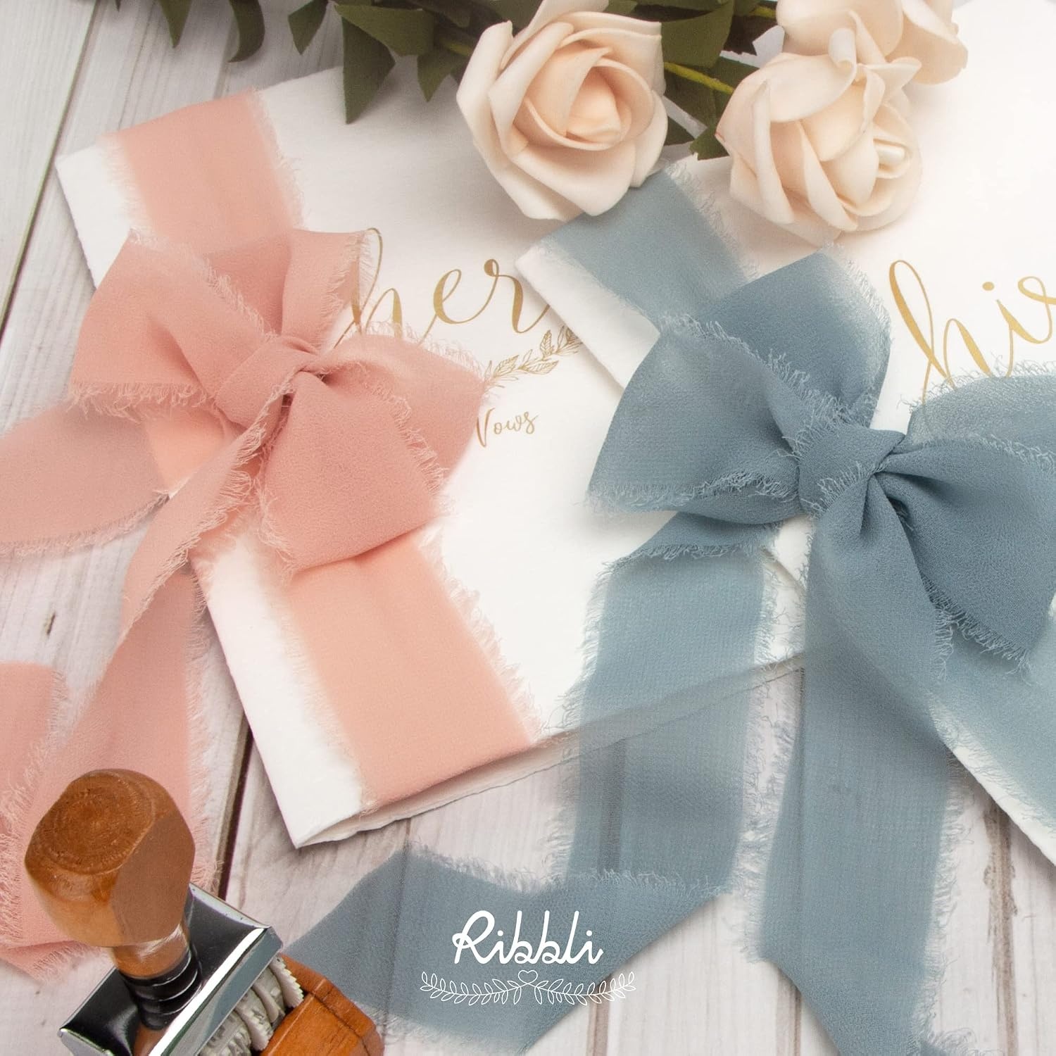 Ribbli Antique Mauve Chiffon Ribbon 1-1/2 inch x 20 Yard Handmade Fringe Chiffon Silk Ribbon,Black Ribbon for Wedding Invitations, Bridal Bouquets Wrapping, Flower Arrangement Decoration(Slate Blue)