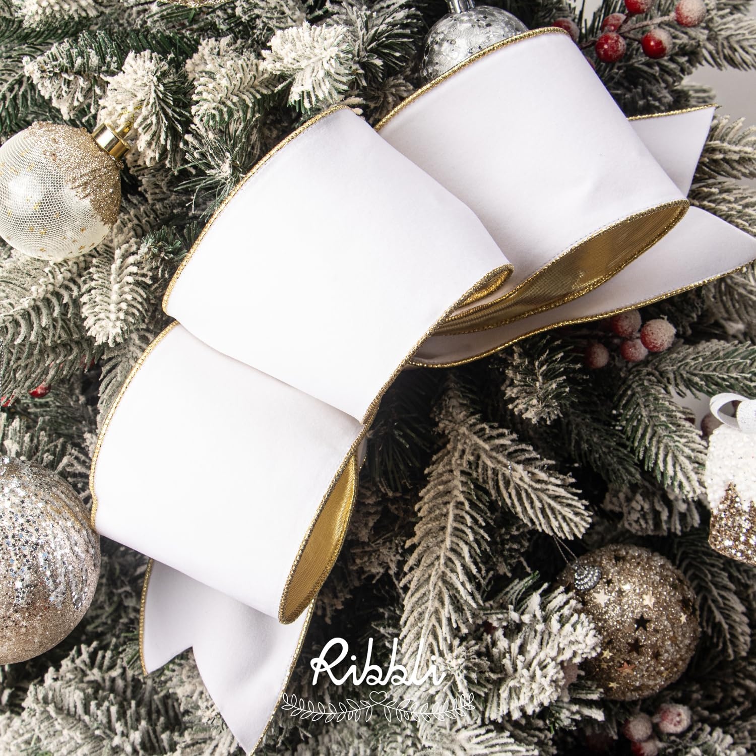 Ribbli Royal Blue Velvet Wired Ribbon 4 Inch Luxury Matte Velvet Christmas Ribbon for Gift Wrapping Christmas Tree Decoration Crafts Wreaths Supplies – 10 Yards(White)