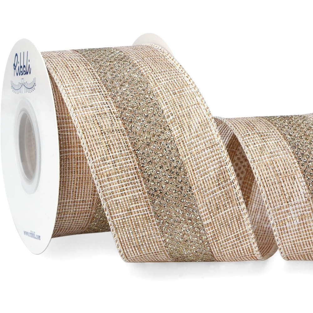 Ribbli Ivory with Champagne Gold Glitter Wired Ribbon for Christmas Tree, Gift Wrapping, Crafts & Wreath Supplies – 2.5 Inch x 10 Yard(Ivory/Champagne)