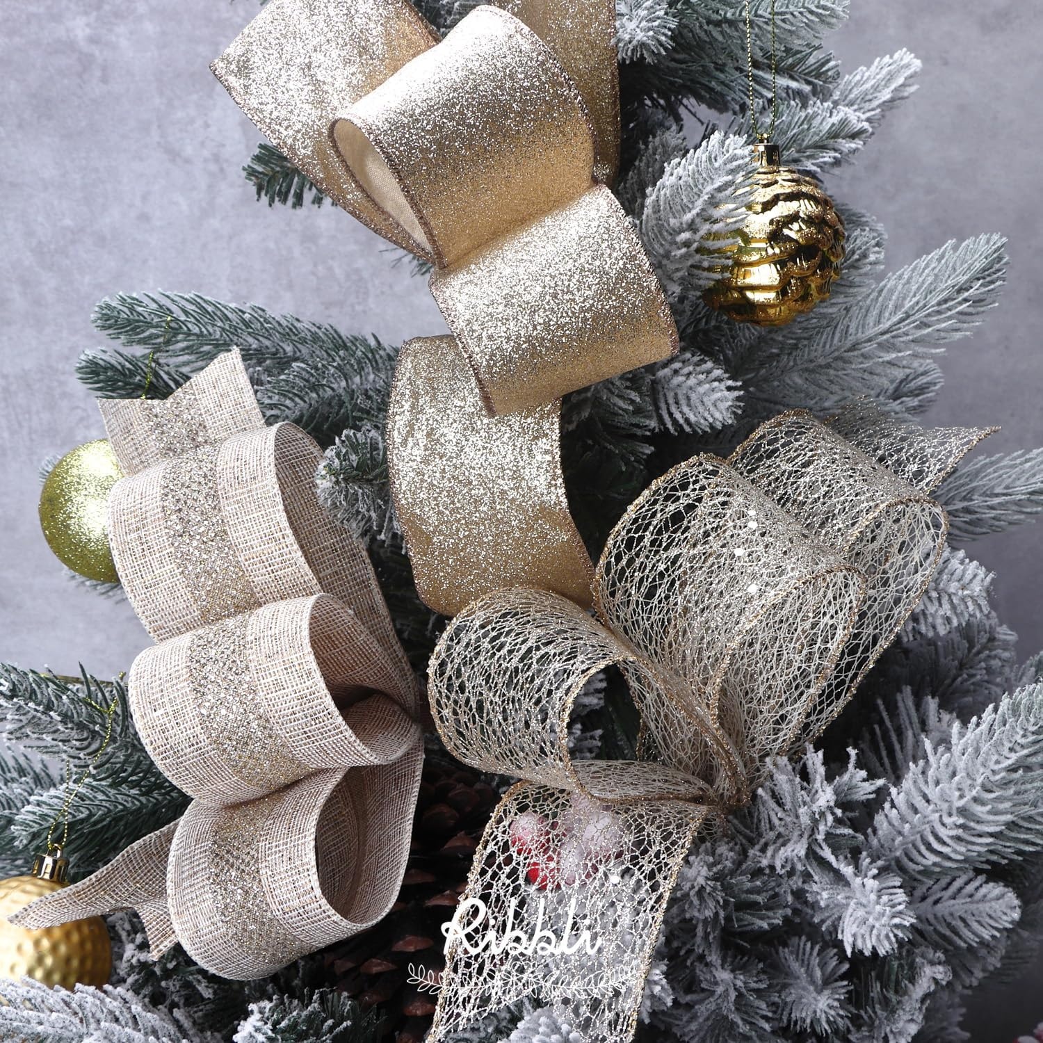 Ribbli Ivory with Champagne Gold Glitter Wired Ribbon for Christmas Tree, Gift Wrapping, Crafts & Wreath Supplies – 2.5 Inch x 10 Yard(Ivory/Champagne)