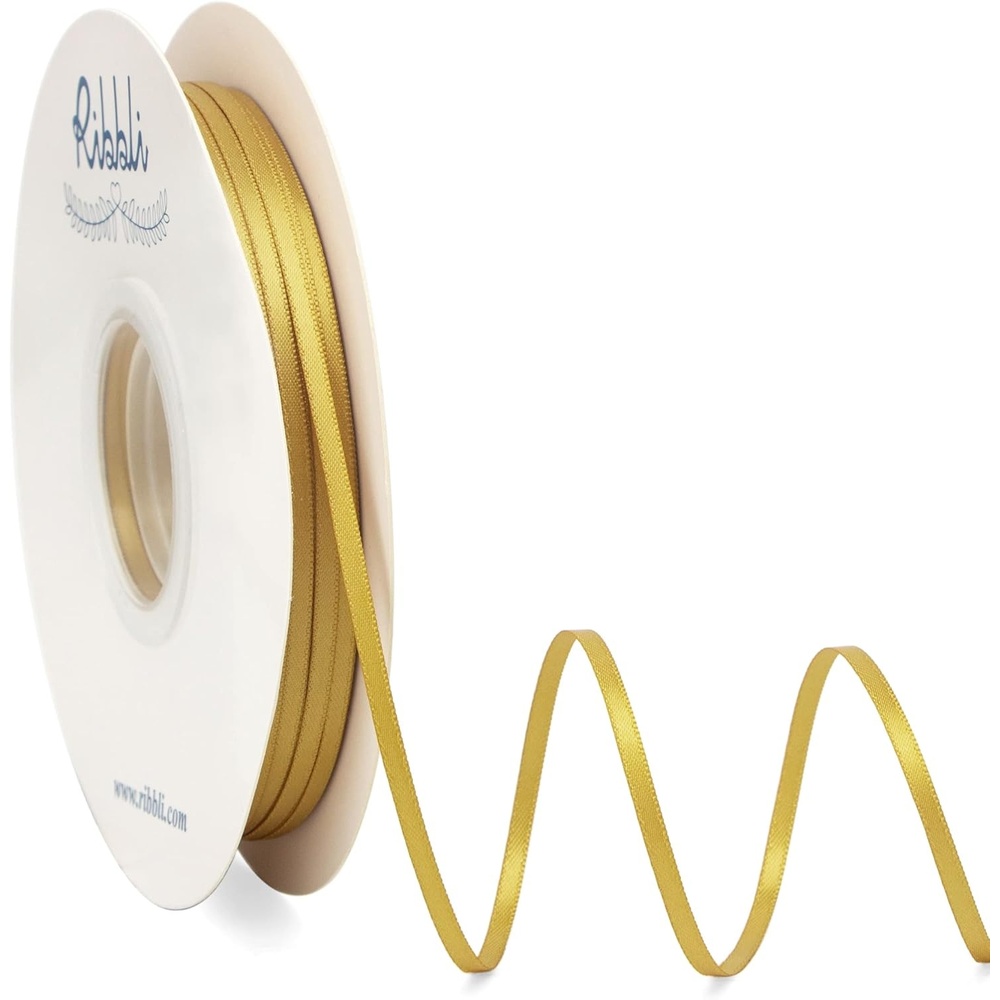Ribbli Champagne Gold Satin Ribbon 1/8 inch x Continuous 100 Yards, Thin Champagne Ribbon Double Faced Use for Wedding Invitation Card, Gift Wrapping, Christmas Ornaments,Tag Decoration(Gold)