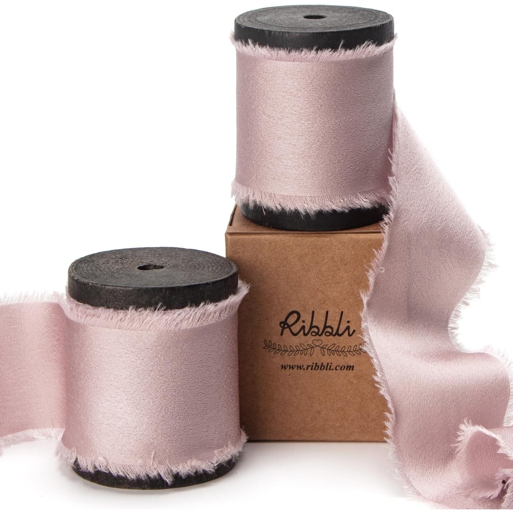 Ribbli Ivory Silk Satin Ribbon 1.5 Inch x 12 Yard Handmade Frayed Chiffon Ribbon with Wooden Spool for Gift Wrapping, Wedding Invitations, Bridal Bouquets, Home Decor(Antique Mauve)