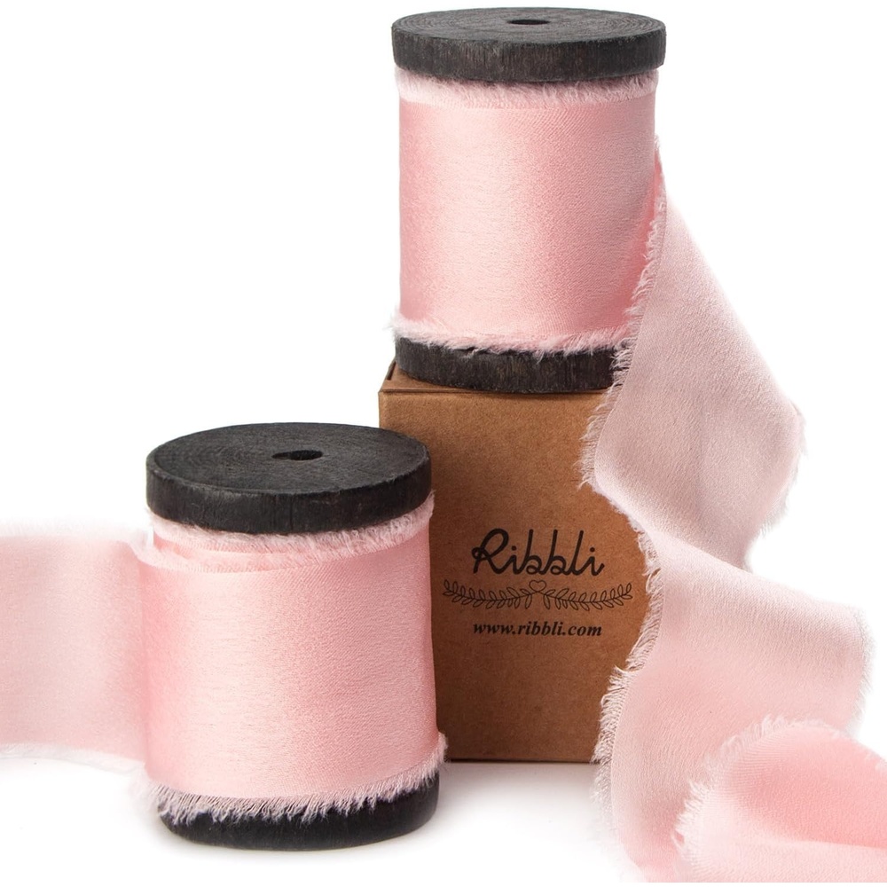 Ribbli Ivory Silk Satin Ribbon 1.5 Inch x 12 Yard Handmade Frayed Chiffon Ribbon with Wooden Spool for Gift Wrapping, Wedding Invitations, Bridal Bouquets, Home Decor(Light Pink)