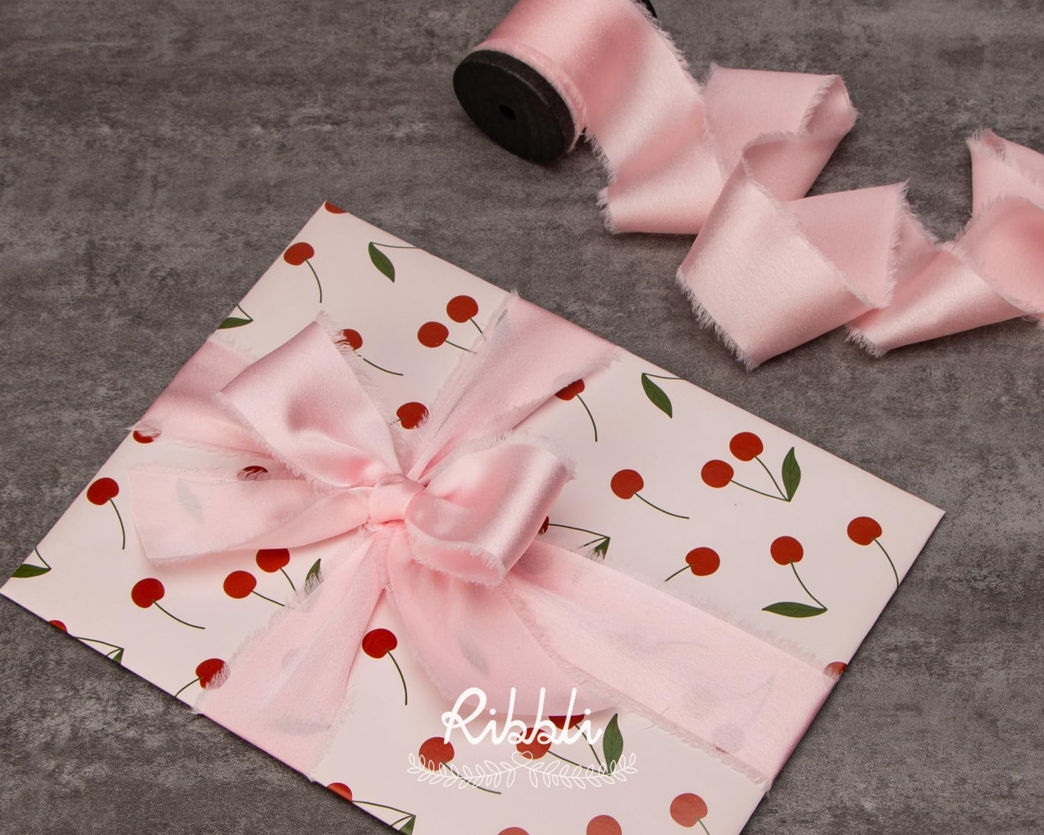 Ribbli Ivory Silk Satin Ribbon 1.5 Inch x 12 Yard Handmade Frayed Chiffon Ribbon with Wooden Spool for Gift Wrapping, Wedding Invitations, Bridal Bouquets, Home Decor(Light Pink)