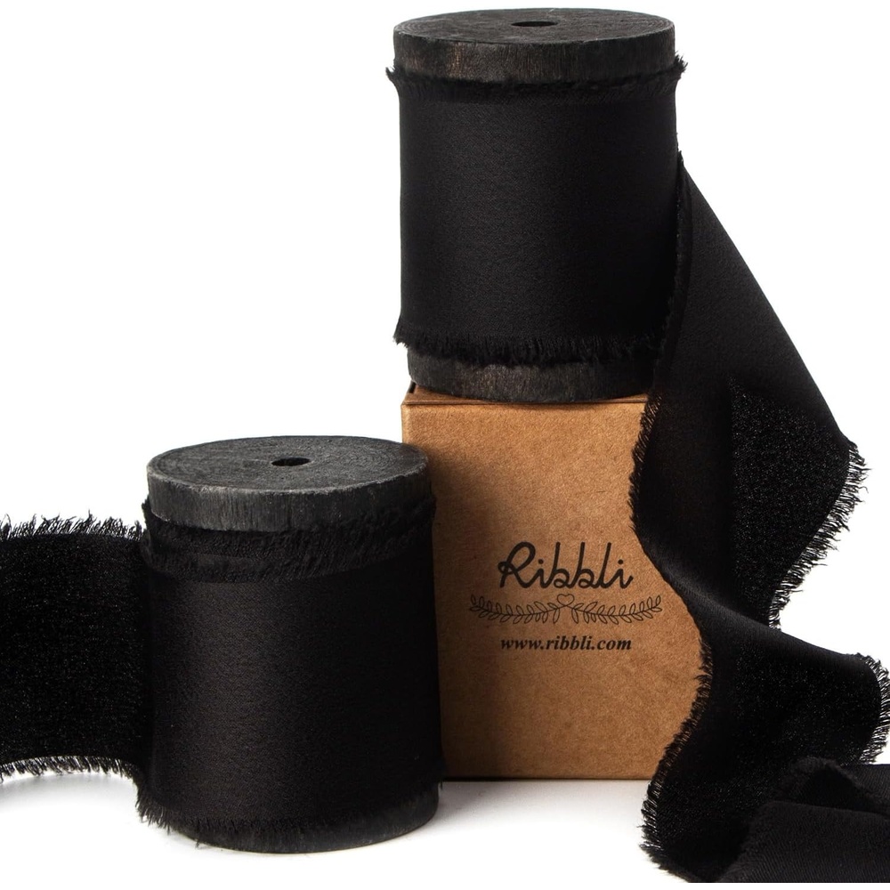 Ribbli Ivory Silk Satin Ribbon 1.5 Inch x 12 Yard Handmade Frayed Chiffon Ribbon with Wooden Spool for Gift Wrapping, Wedding Invitations, Bridal Bouquets, Home Decor(Black)
