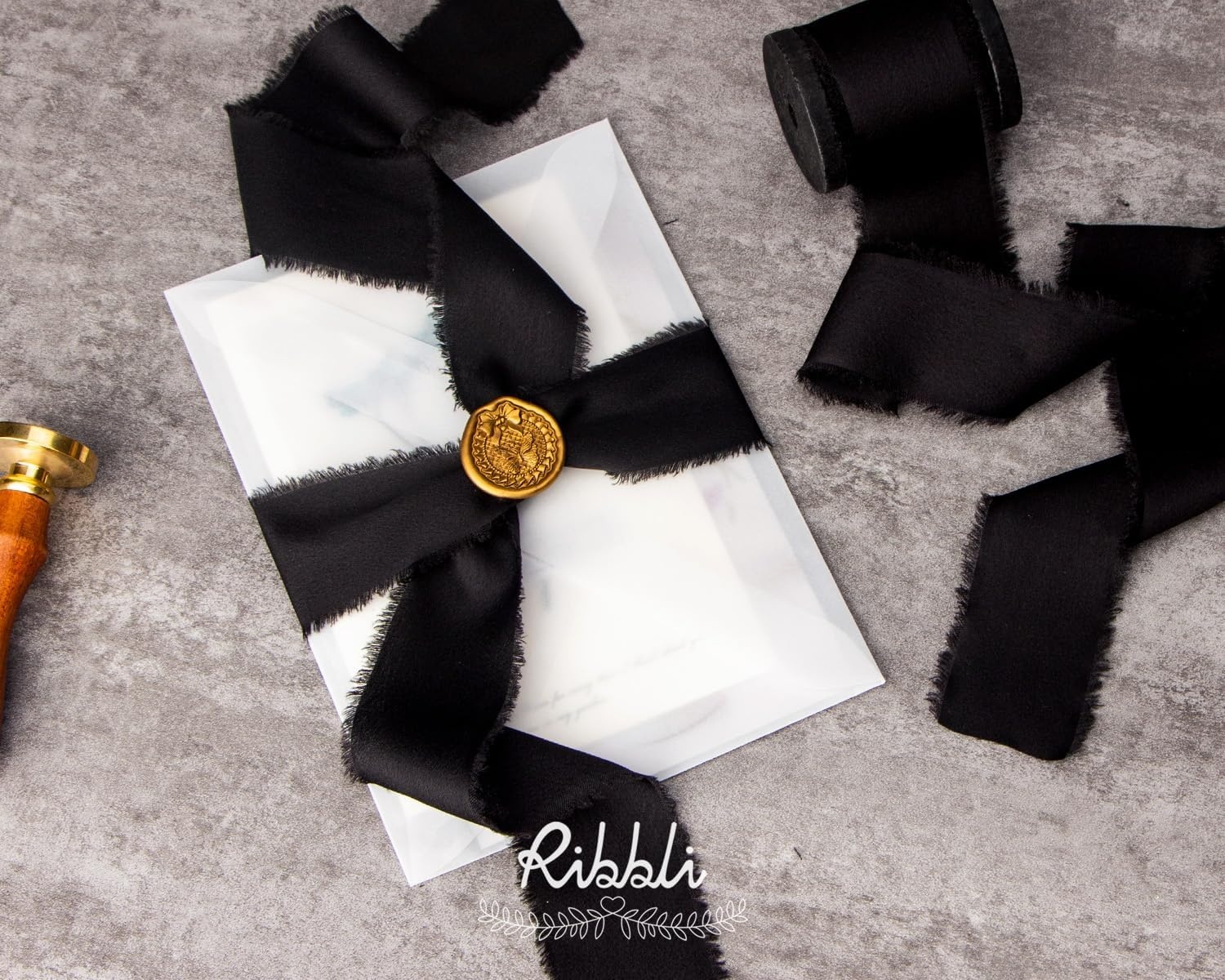 Ribbli Ivory Silk Satin Ribbon 1.5 Inch x 12 Yard Handmade Frayed Chiffon Ribbon with Wooden Spool for Gift Wrapping, Wedding Invitations, Bridal Bouquets, Home Decor(Black)