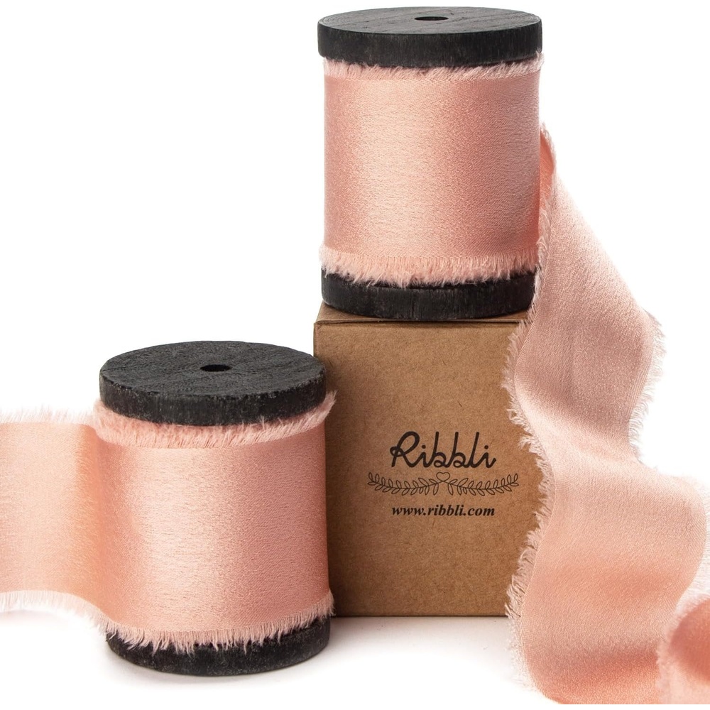 Ribbli Ivory Silk Satin Ribbon 1.5 Inch x 12 Yard Handmade Frayed Chiffon Ribbon with Wooden Spool for Gift Wrapping, Wedding Invitations, Bridal Bouquets, Home Decor(Rose Gold)