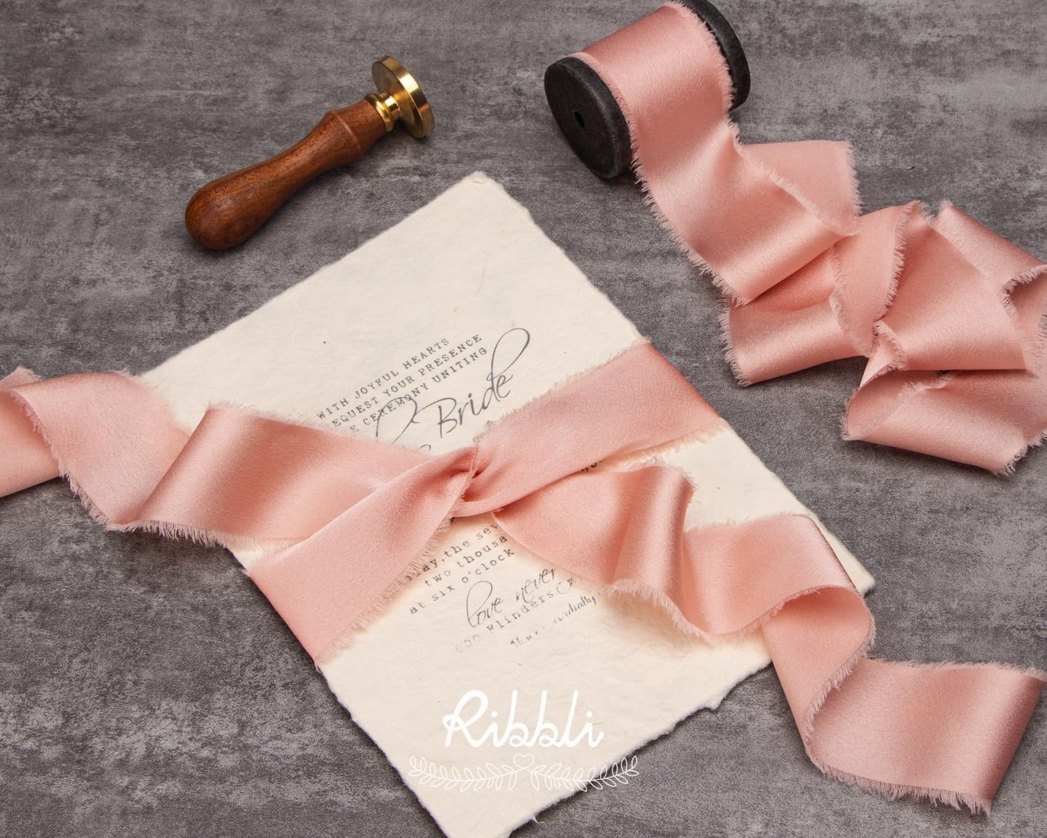 Ribbli Ivory Silk Satin Ribbon 1.5 Inch x 12 Yard Handmade Frayed Chiffon Ribbon with Wooden Spool for Gift Wrapping, Wedding Invitations, Bridal Bouquets, Home Decor(Rose Gold)