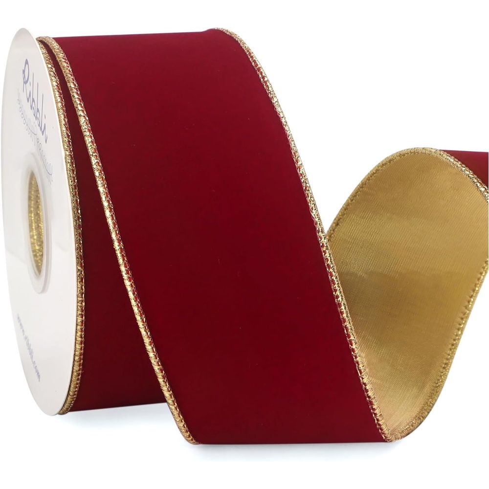 Ribbli Royal Blue Velvet Wired Ribbon 4 Inch Luxury Matte Velvet Christmas Ribbon for Gift Wrapping Christmas Tree Decoration Crafts Wreaths Supplies – 10 Yards(Dark Red)