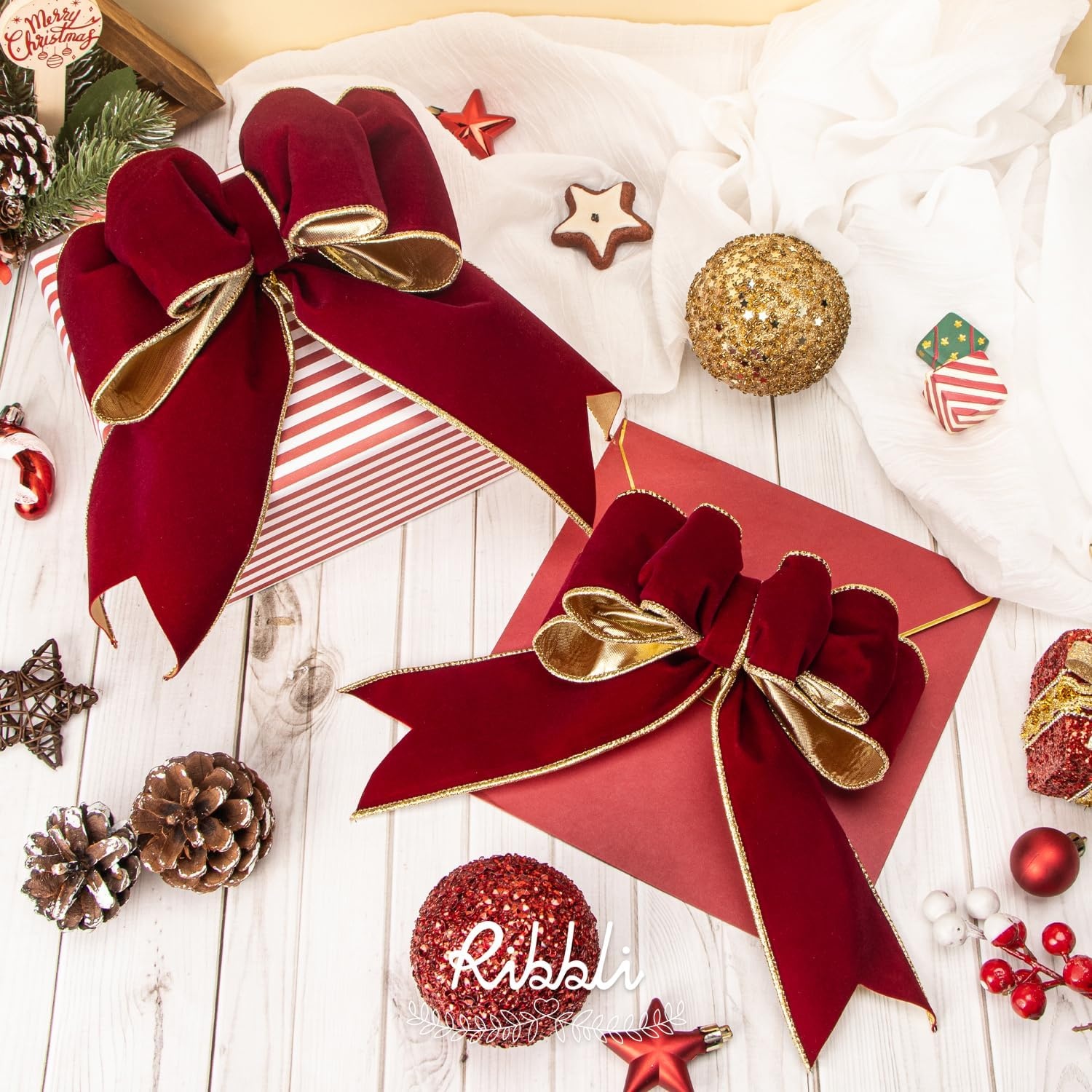 Ribbli Royal Blue Velvet Wired Ribbon 4 Inch Luxury Matte Velvet Christmas Ribbon for Gift Wrapping Christmas Tree Decoration Crafts Wreaths Supplies – 10 Yards(Dark Red)