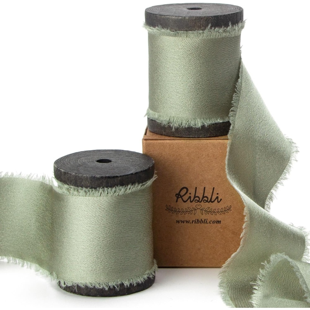Ribbli Ivory Silk Satin Ribbon 1.5 Inch x 12 Yard Handmade Frayed Chiffon Ribbon with Wooden Spool for Gift Wrapping, Wedding Invitations, Bridal Bouquets, Home Decor(Dusty Green)