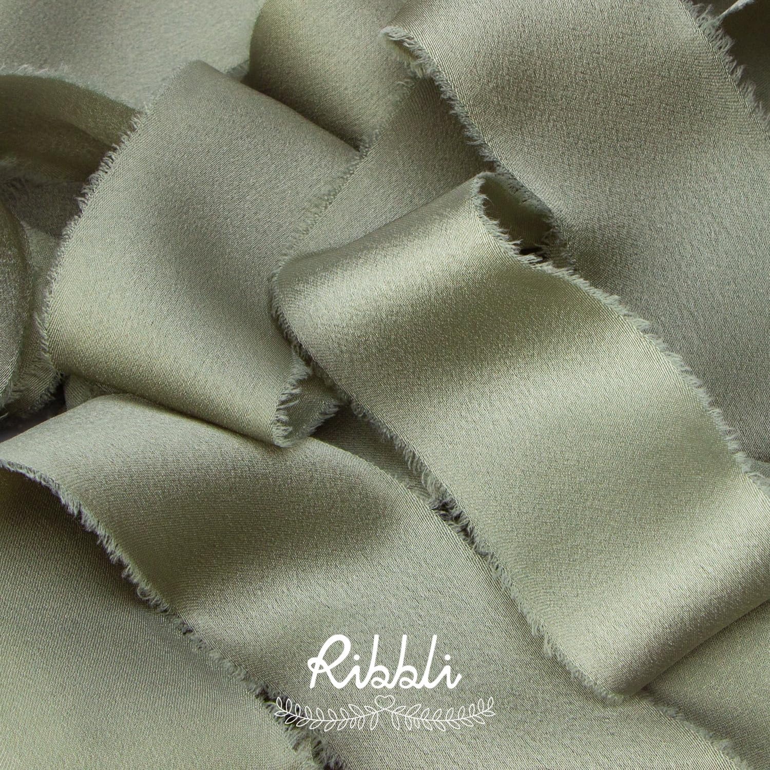Ribbli Ivory Silk Satin Ribbon 1.5 Inch x 12 Yard Handmade Frayed Chiffon Ribbon with Wooden Spool for Gift Wrapping, Wedding Invitations, Bridal Bouquets, Home Decor(Dusty Green)