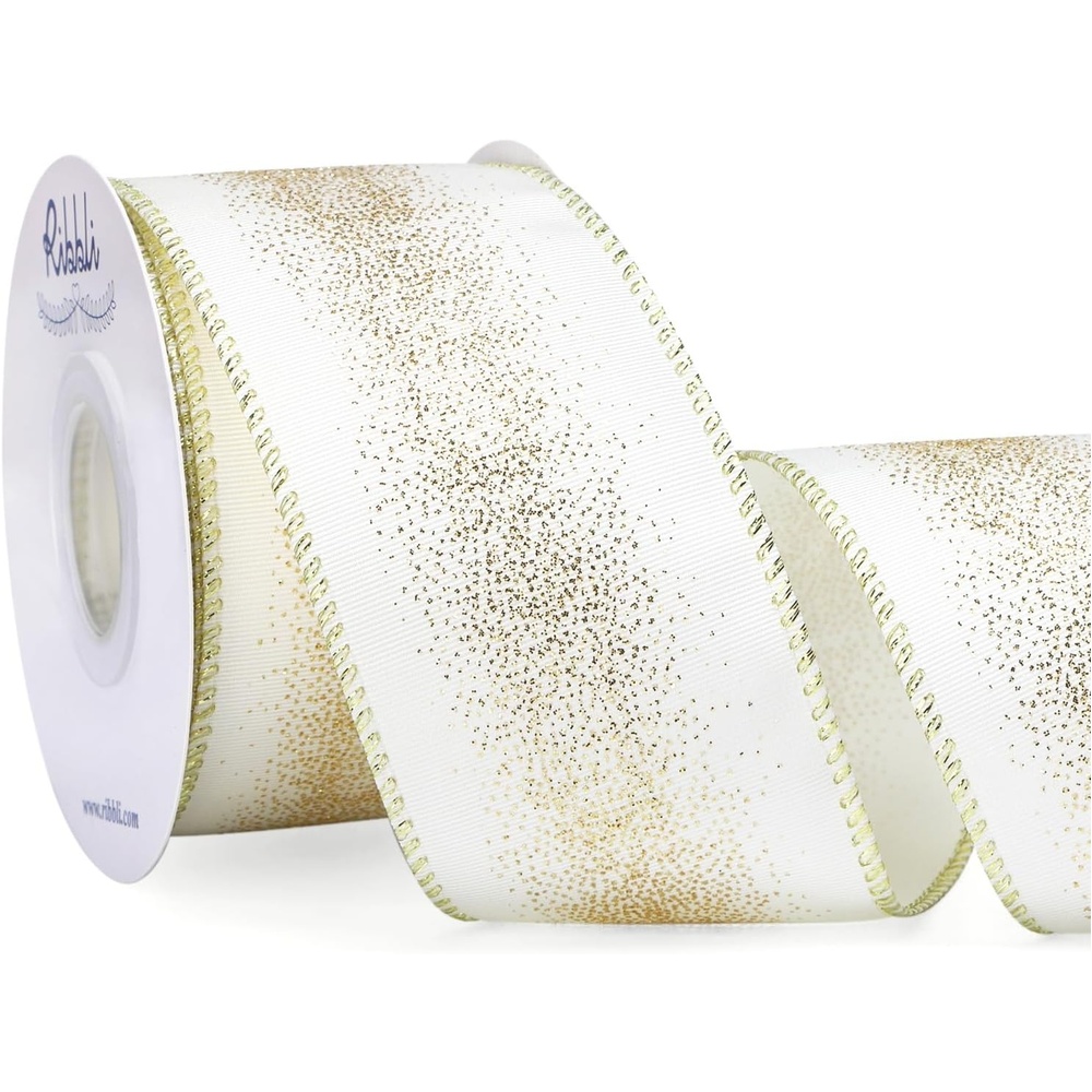 Ribbli Ivory with Champagne Gold Glitter Wired Ribbon for Christmas Tree, Gift Wrapping, Crafts & Wreath Supplies – 2.5 Inch x 10 Yard(Ivory/Lt.Champagne)