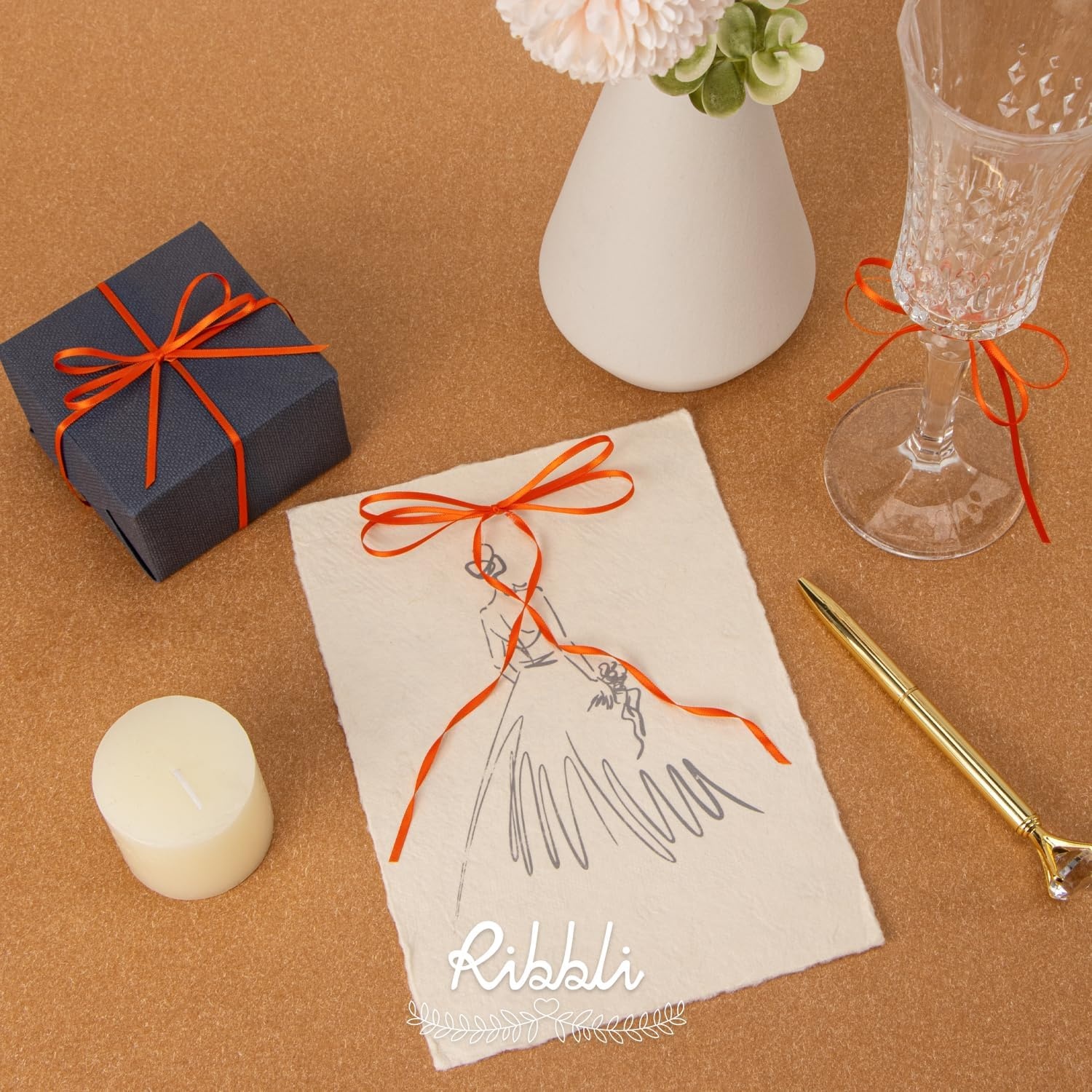 Ribbli Champagne Gold Satin Ribbon 1/8 inch x Continuous 100 Yards, Thin Champagne Ribbon Double Faced Use for Wedding Invitation Card, Gift Wrapping, Christmas Ornaments,Tag Decoration(Orange Torrid)