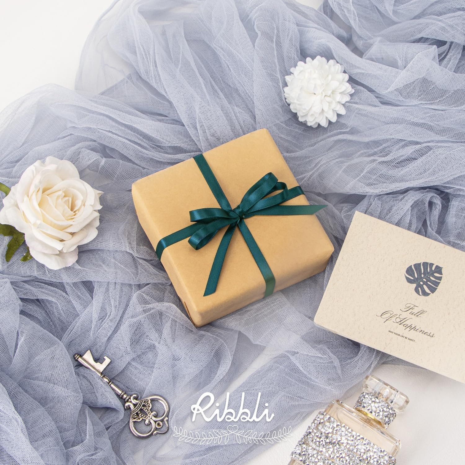 Ribbli Dusty Blue Satin Ribbon,Double Faced Satin 1/4 inch x Continuous 50 Yards,Dusty Blue Ribbon Use for Bows Bouquet,Gift Wrapping,Wedding Decoration,Floral Arrangement(Green Teal)
