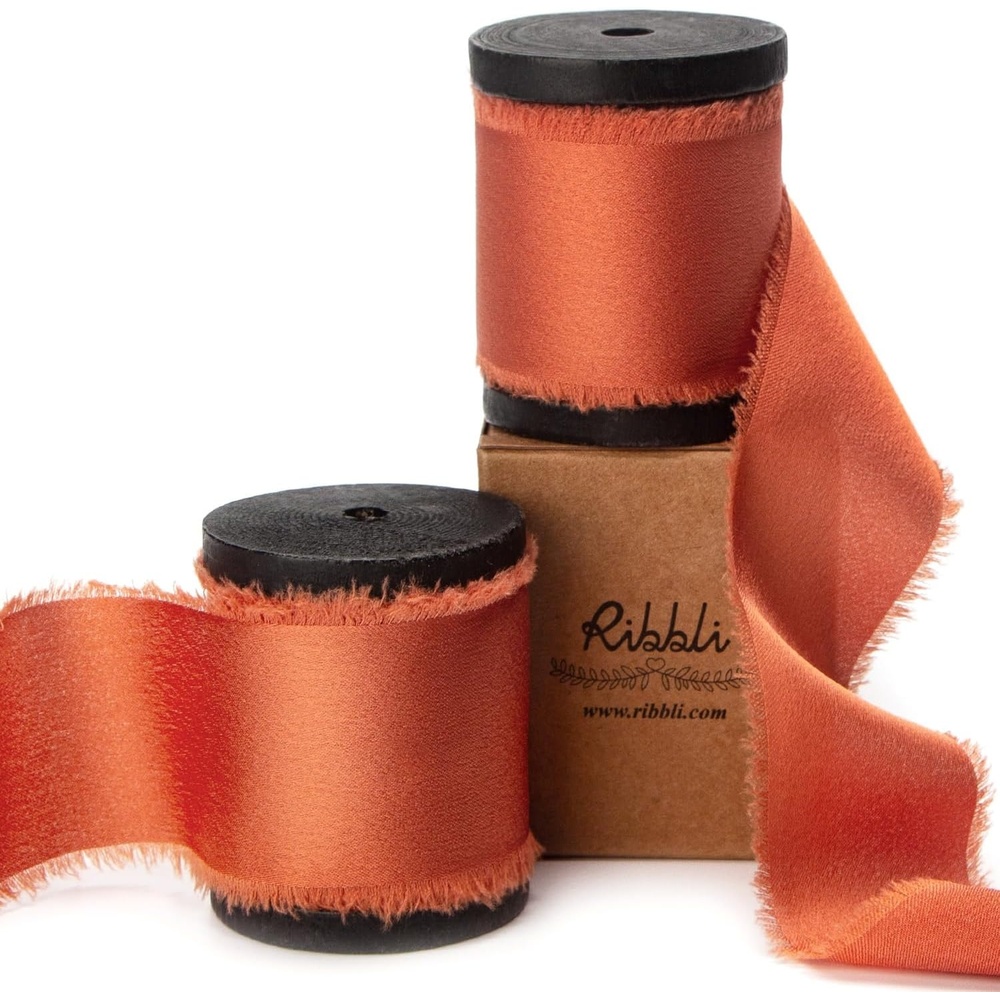 Ribbli Ivory Silk Satin Ribbon 1.5 Inch x 12 Yard Handmade Frayed Chiffon Ribbon with Wooden Spool for Gift Wrapping, Wedding Invitations, Bridal Bouquets, Home Decor(Terracotta)