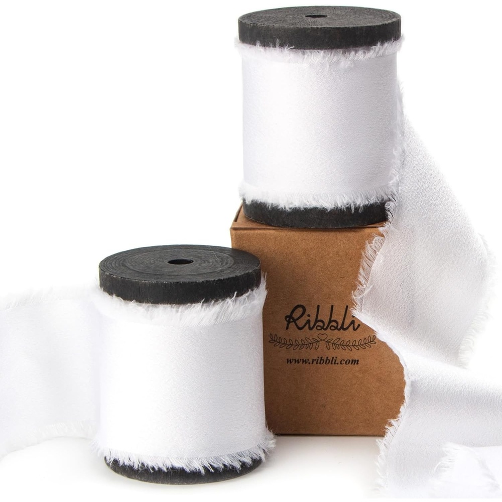 Ribbli Ivory Silk Satin Ribbon 1.5 Inch x 12 Yard Handmade Frayed Chiffon Ribbon with Wooden Spool for Gift Wrapping, Wedding Invitations, Bridal Bouquets, Home Decor(White)
