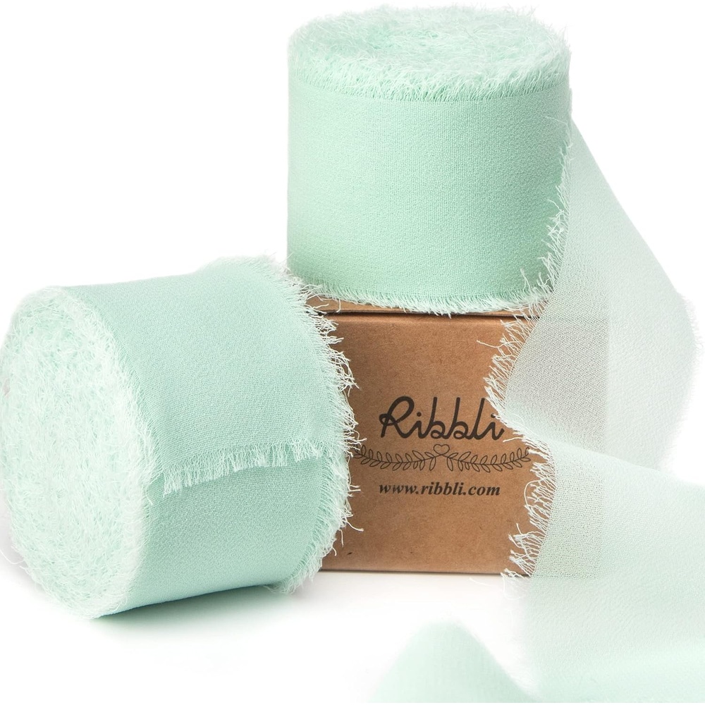 Ribbli Antique Mauve Chiffon Ribbon 1-1/2 inch x 20 Yard Handmade Fringe Chiffon Silk Ribbon,Black Ribbon for Wedding Invitations, Bridal Bouquets Wrapping, Flower Arrangement Decoration(Mint)