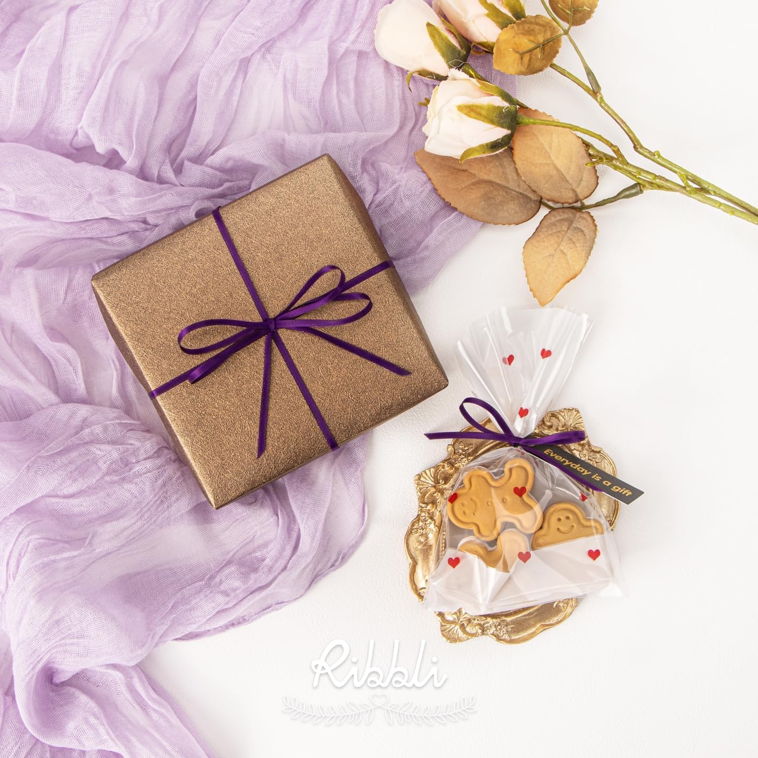 Ribbli Champagne Gold Satin Ribbon 1/8 inch x Continuous 100 Yards, Thin Champagne Ribbon Double Faced Use for Wedding Invitation Card, Gift Wrapping, Christmas Ornaments,Tag Decoration(Plum)