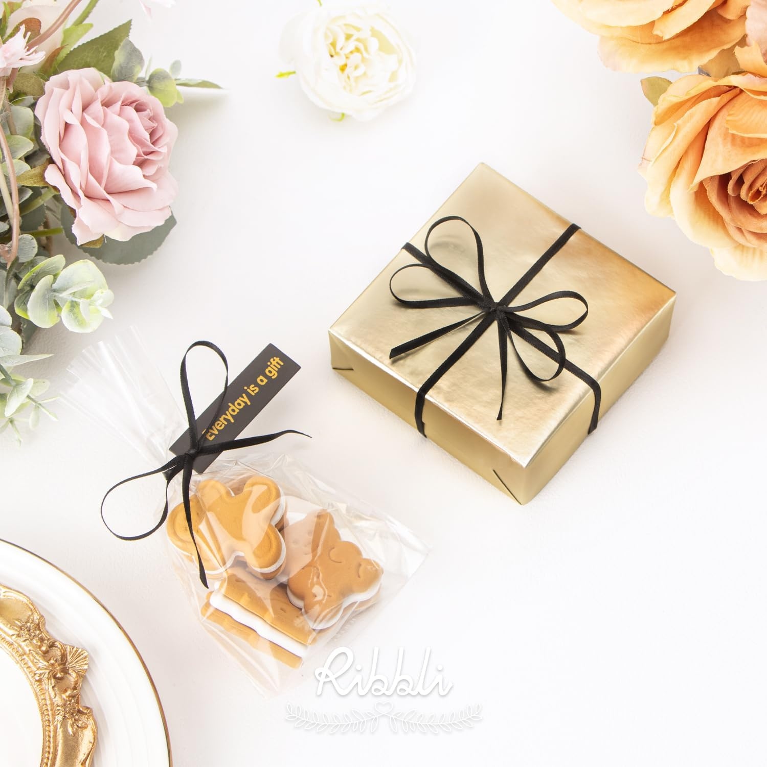 Ribbli Champagne Gold Satin Ribbon 1/8 inch x Continuous 100 Yards, Thin Champagne Ribbon Double Faced Use for Wedding Invitation Card, Gift Wrapping, Christmas Ornaments,Tag Decoration(Black)