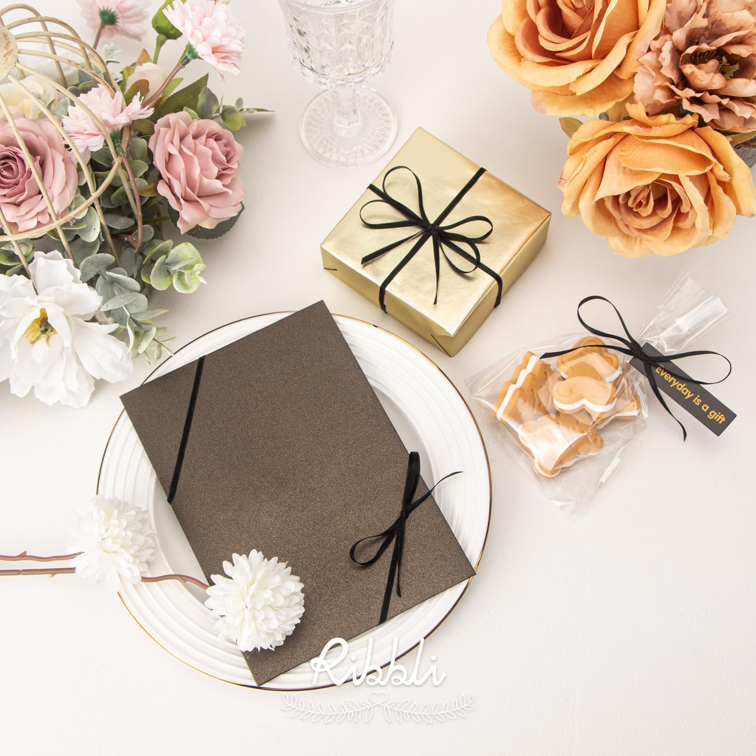 Ribbli Champagne Gold Satin Ribbon 1/8 inch x Continuous 100 Yards, Thin Champagne Ribbon Double Faced Use for Wedding Invitation Card, Gift Wrapping, Christmas Ornaments,Tag Decoration(Black)