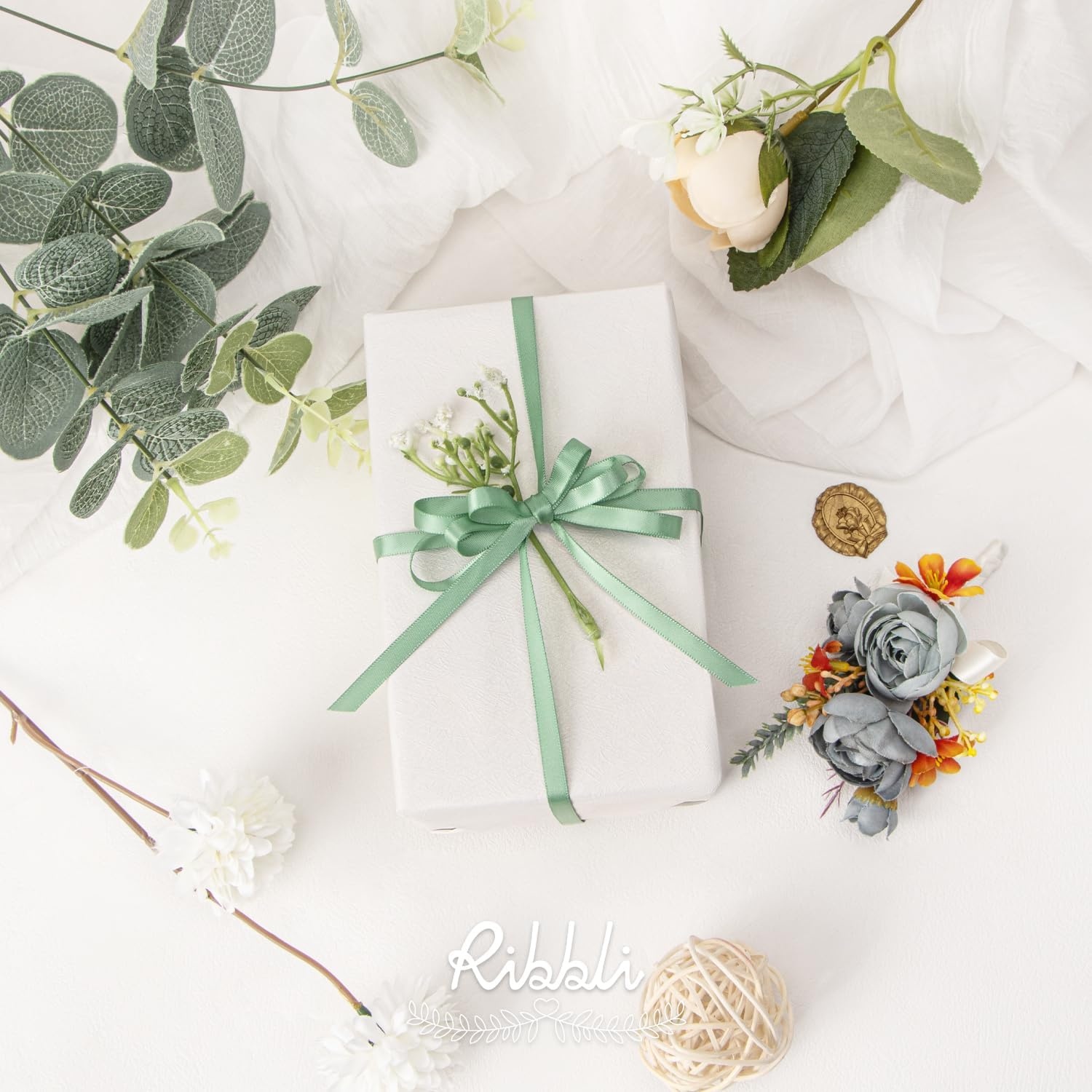 Ribbli Dusty Blue Satin Ribbon,Double Faced Satin 1/4 inch x Continuous 50 Yards,Dusty Blue Ribbon Use for Bows Bouquet,Gift Wrapping,Wedding Decoration,Floral Arrangement(Green Sage)