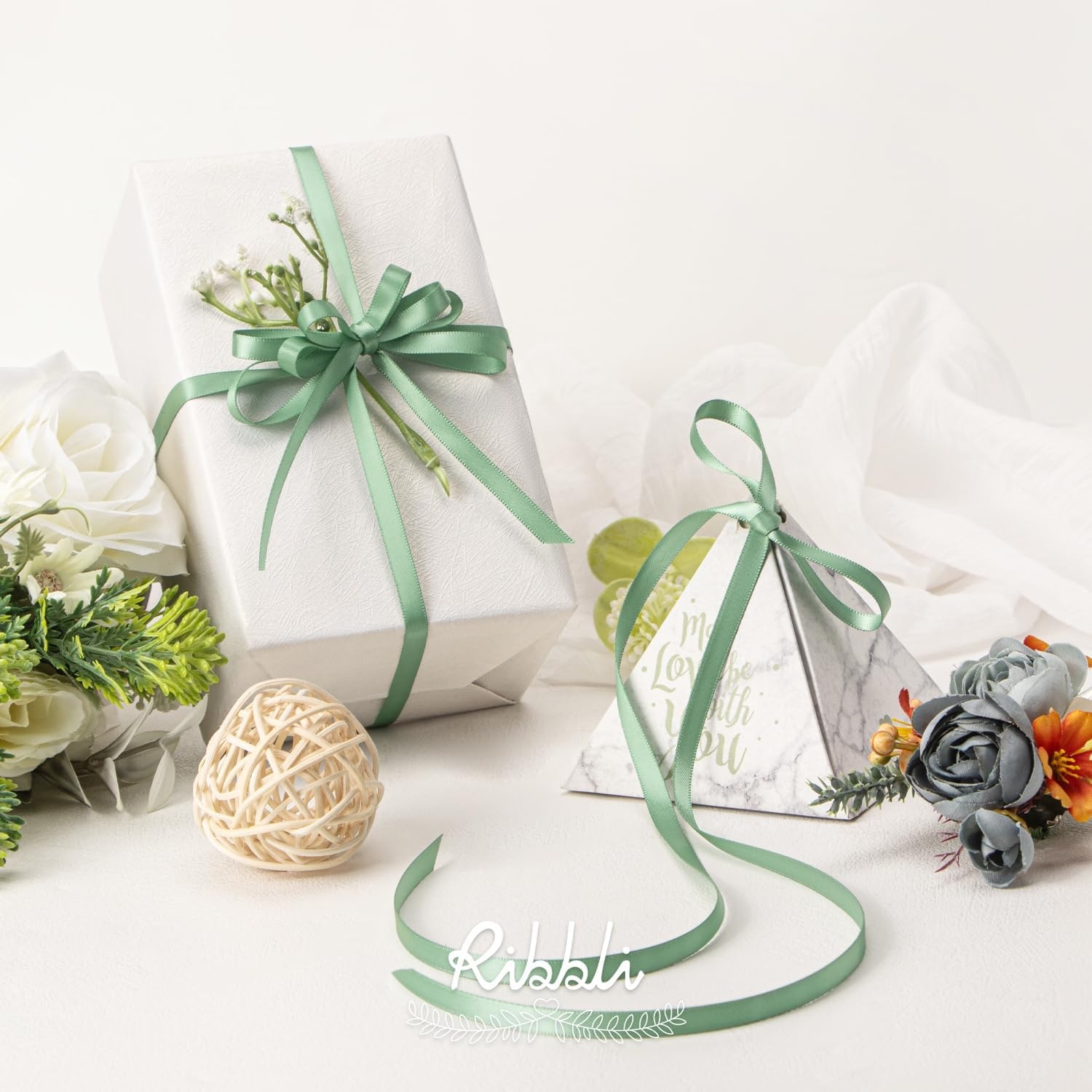 Ribbli Dusty Blue Satin Ribbon,Double Faced Satin 1/4 inch x Continuous 50 Yards,Dusty Blue Ribbon Use for Bows Bouquet,Gift Wrapping,Wedding Decoration,Floral Arrangement(Green Sage)