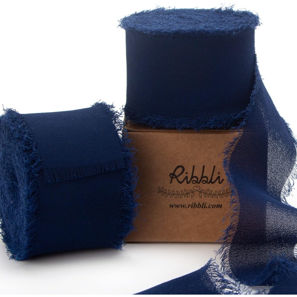 Ribbli Antique Mauve Chiffon Ribbon 1-1/2 inch x 20 Yard Handmade Fringe Chiffon Silk Ribbon,Black Ribbon for Wedding Invitations, Bridal Bouquets Wrapping, Flower Arrangement Decoration(Navy)