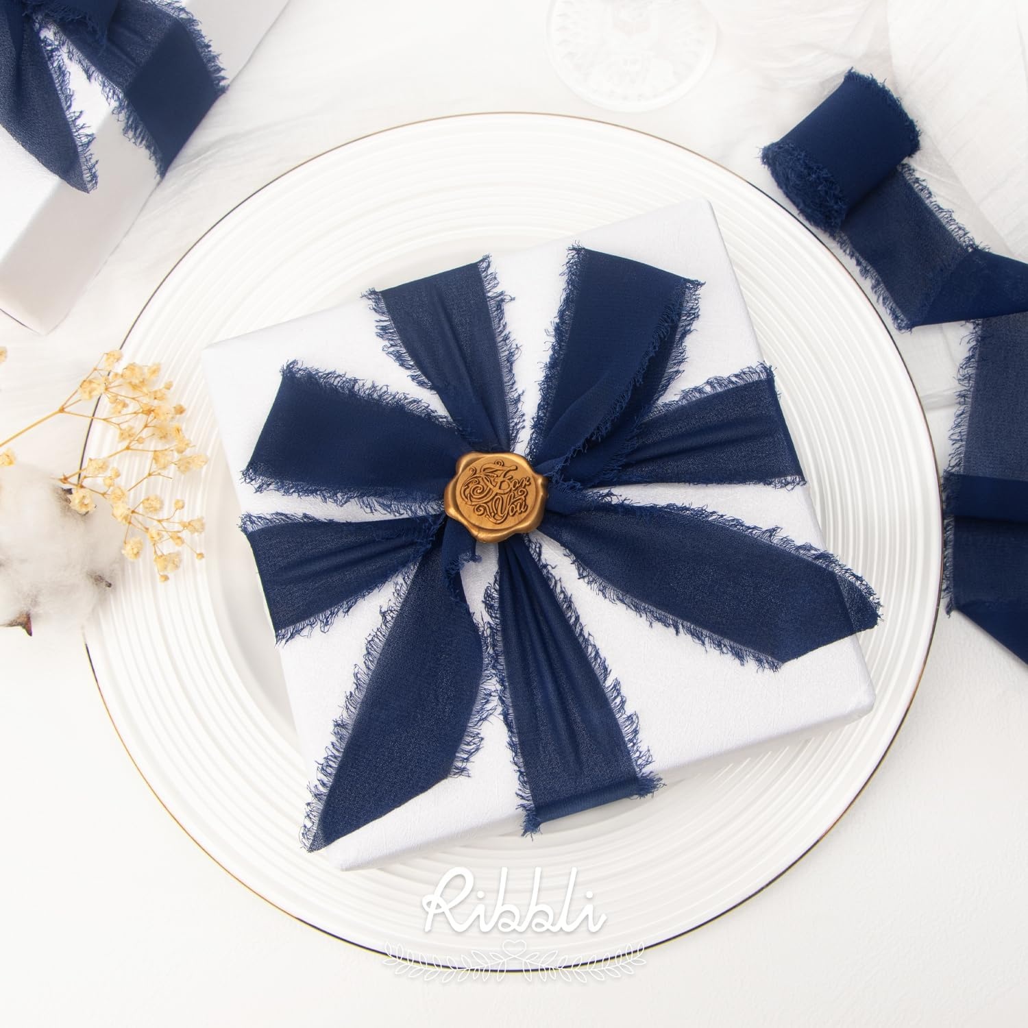 Ribbli Antique Mauve Chiffon Ribbon 1-1/2 inch x 20 Yard Handmade Fringe Chiffon Silk Ribbon,Black Ribbon for Wedding Invitations, Bridal Bouquets Wrapping, Flower Arrangement Decoration(Navy)