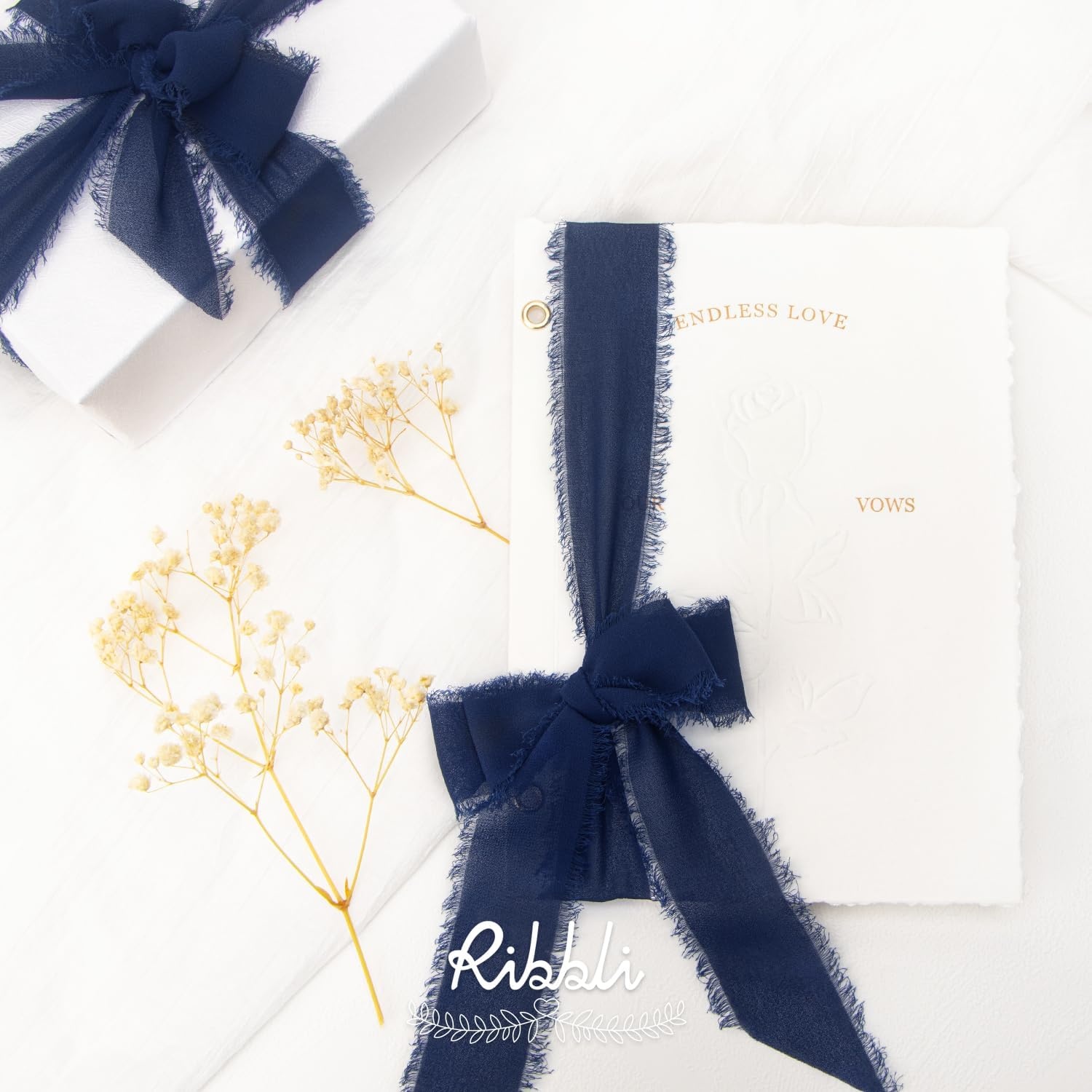 Ribbli Antique Mauve Chiffon Ribbon 1-1/2 inch x 20 Yard Handmade Fringe Chiffon Silk Ribbon,Black Ribbon for Wedding Invitations, Bridal Bouquets Wrapping, Flower Arrangement Decoration(Navy)