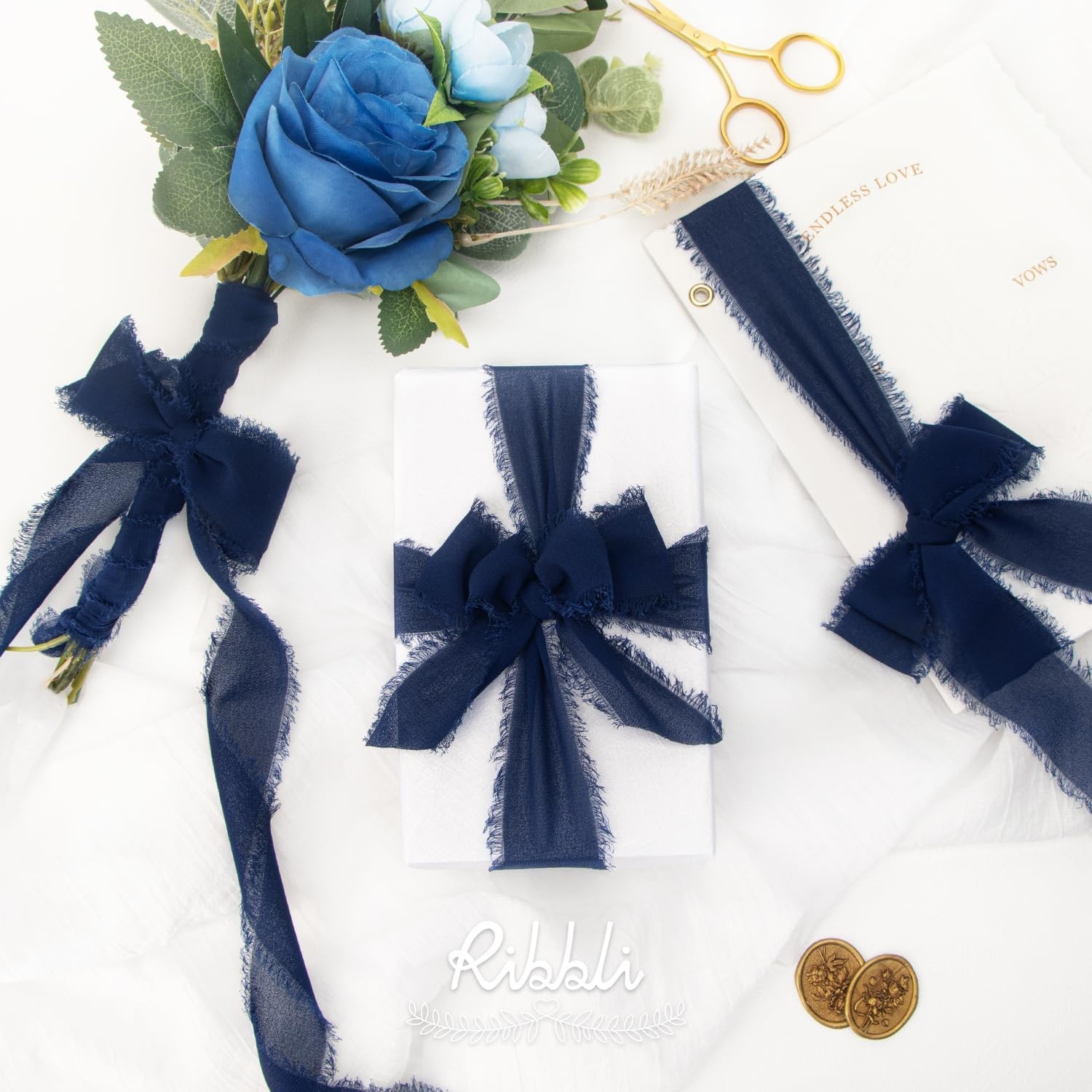 Ribbli Antique Mauve Chiffon Ribbon 1-1/2 inch x 20 Yard Handmade Fringe Chiffon Silk Ribbon,Black Ribbon for Wedding Invitations, Bridal Bouquets Wrapping, Flower Arrangement Decoration(Navy)