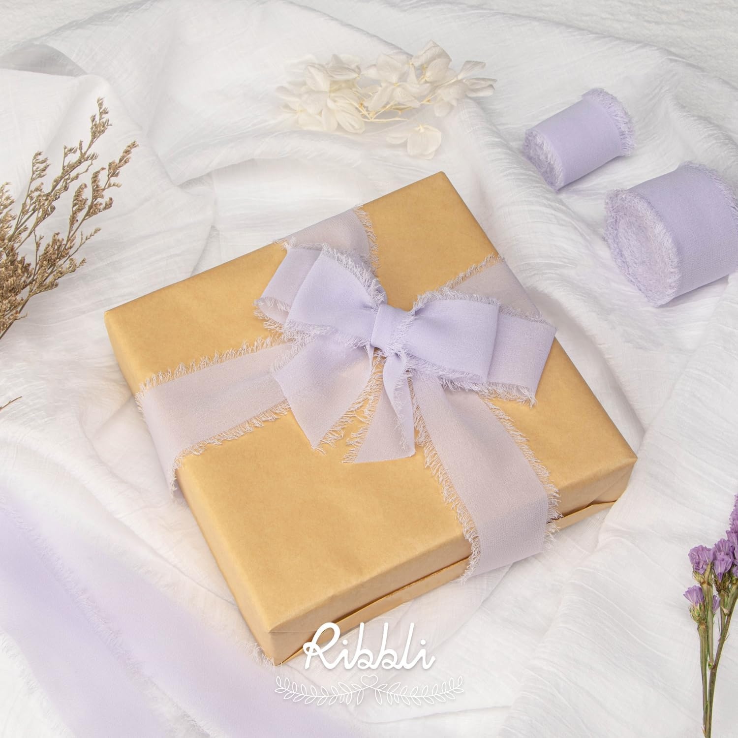 Ribbli Antique Mauve Chiffon Ribbon 1-1/2 inch x 20 Yard Handmade Fringe Chiffon Silk Ribbon,Black Ribbon for Wedding Invitations, Bridal Bouquets Wrapping, Flower Arrangement Decoration(Lilac Purple)
