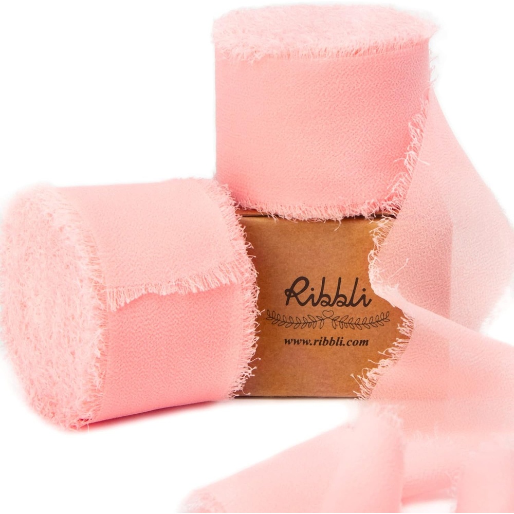 Ribbli Antique Mauve Chiffon Ribbon 1-1/2 inch x 20 Yard Handmade Fringe Chiffon Silk Ribbon,Black Ribbon for Wedding Invitations, Bridal Bouquets Wrapping, Flower Arrangement Decoration(Light Pink)